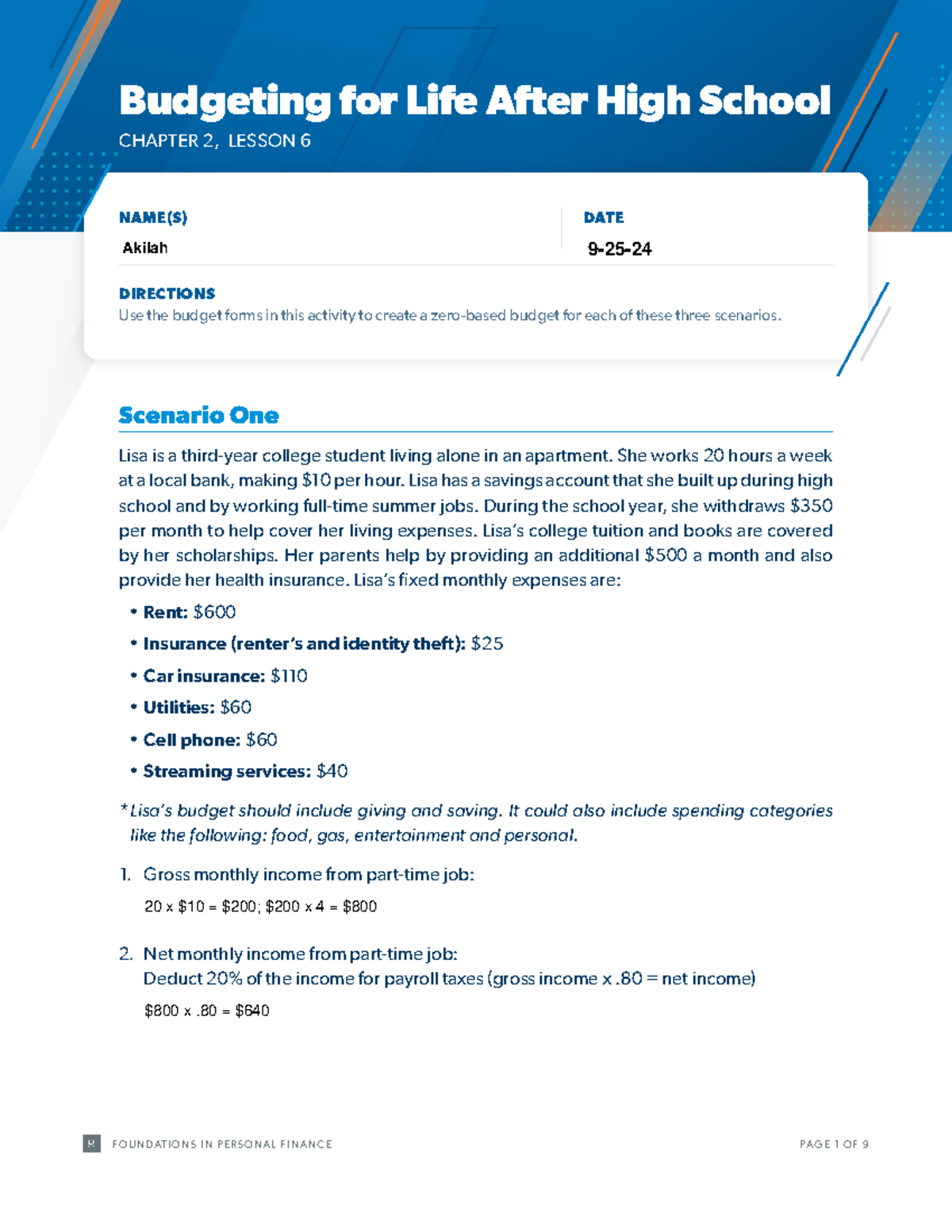 Budgeting Scenarios: Ch02 L06 - Financial Planning Post-High with regard to Budgeting For Life After High School Worksheet Answers Quizlet
