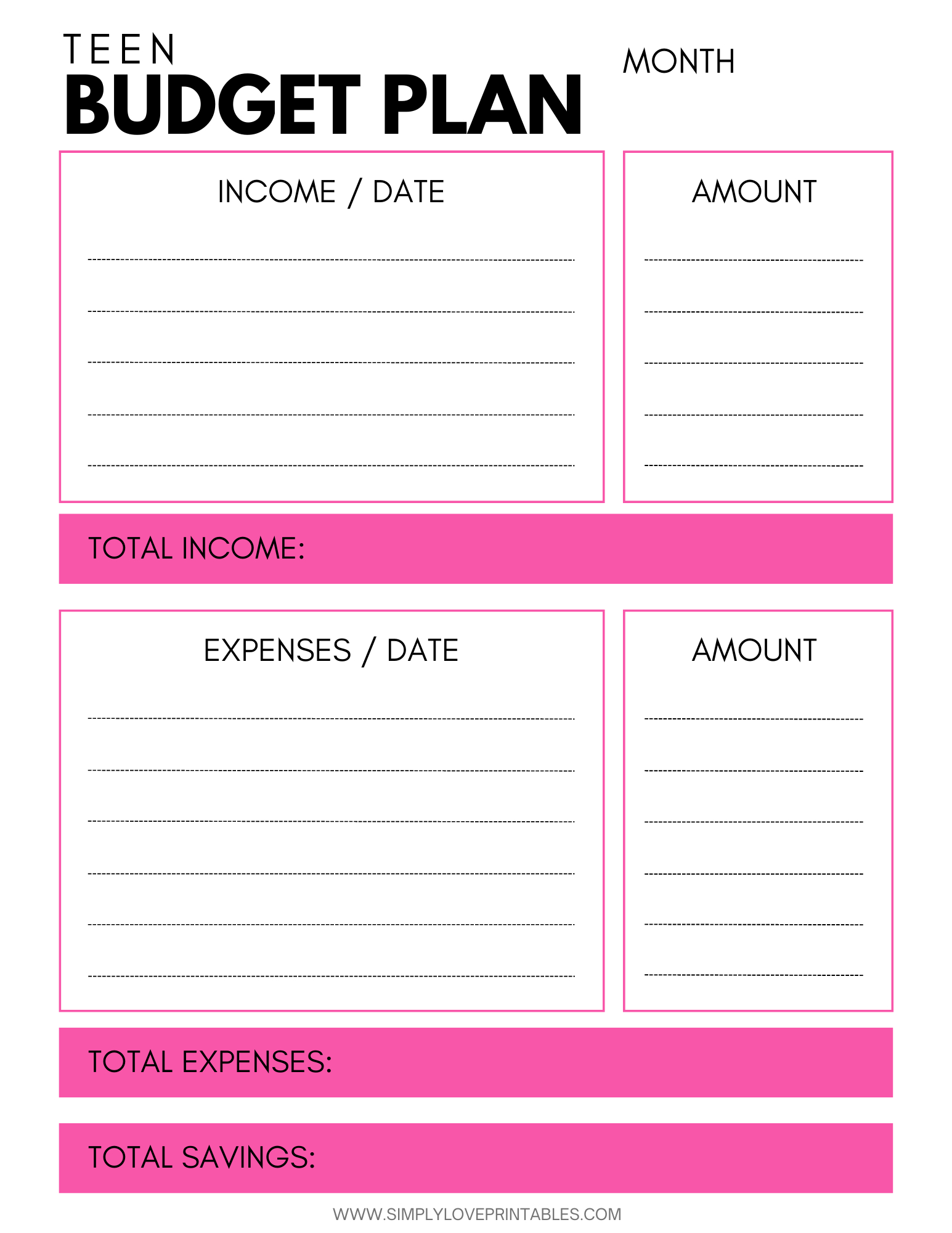 Budgeting Worksheets For Teens | Simply Love Printables in Simple Budget Worksheet For Young Adults