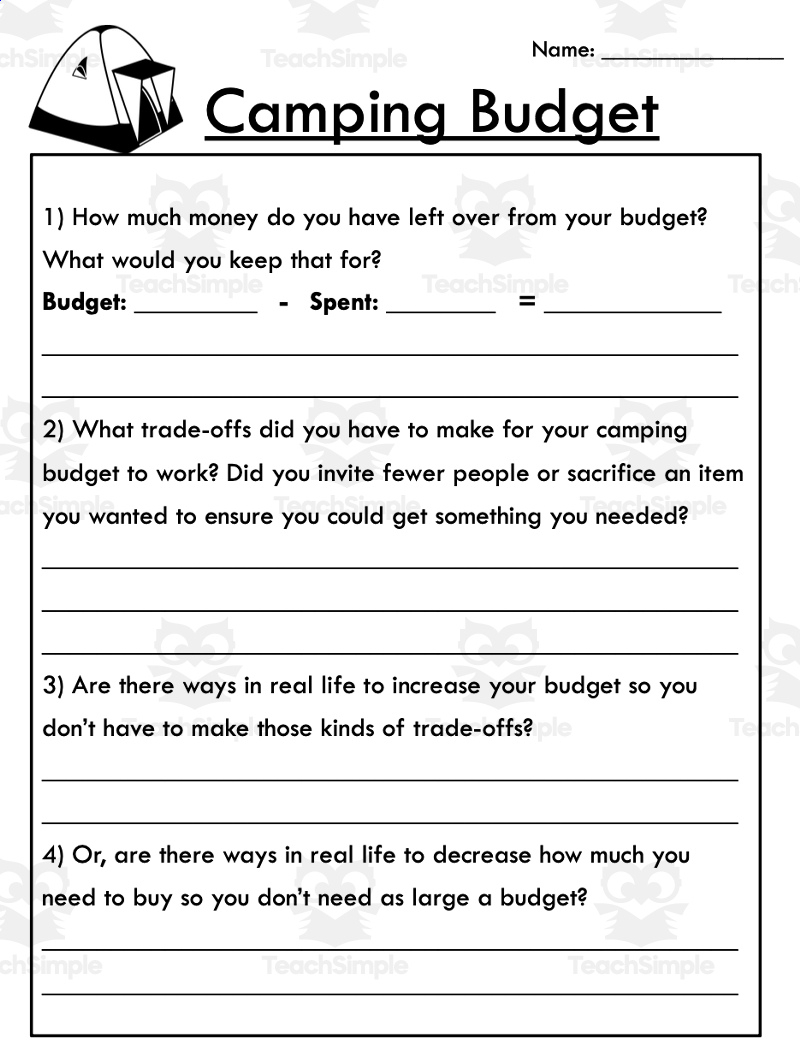 Camping Budget Project: Gr 5-8 Budget Worksheet Personal Finance regarding Budgeting Worksheets For Grade 8