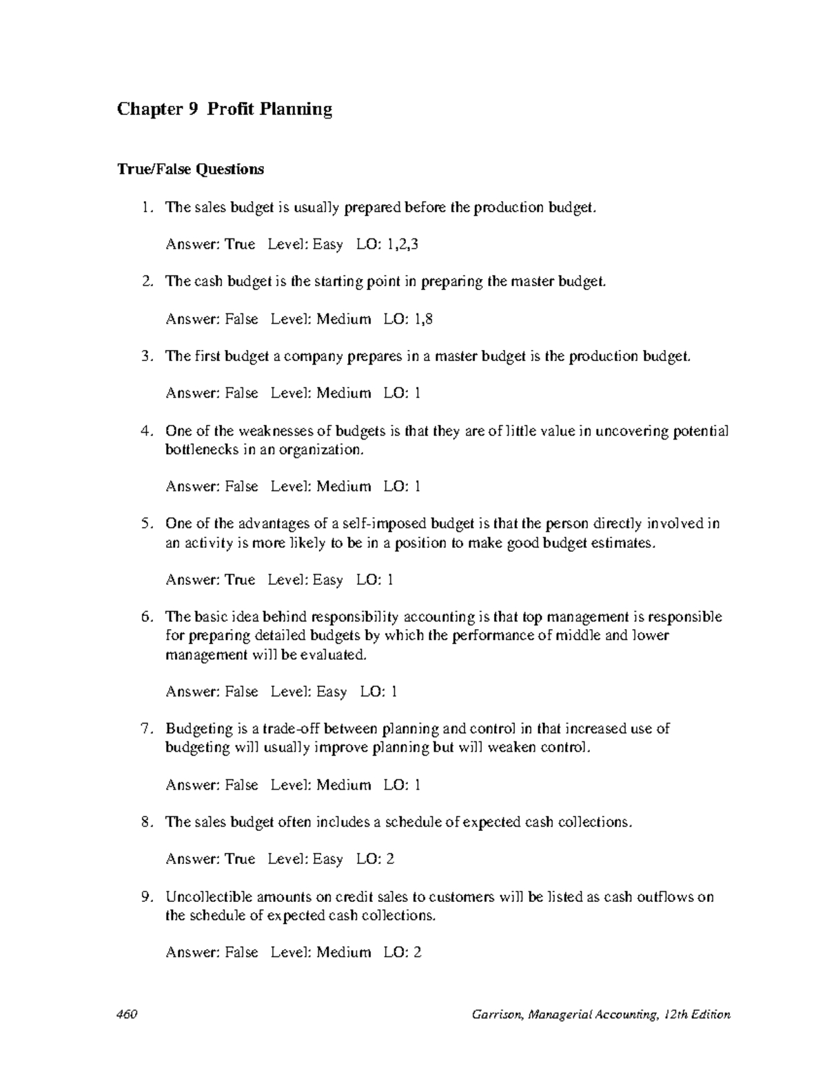 Ch.9. Profit Planning Questions Managerial Finance - True/False inside Chapter 9 Financial Planning Budget Basics Worksheet Answers