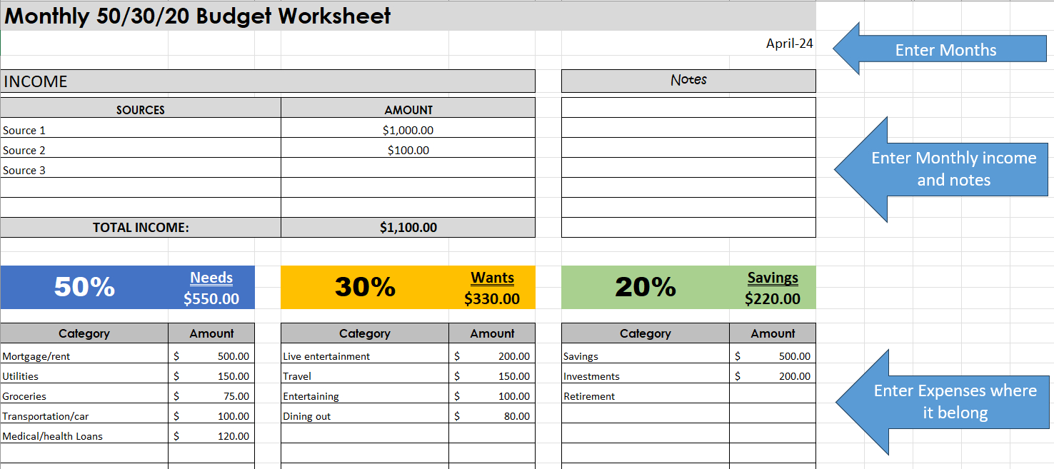 Comprehensive 50/30/20 Budget Worksheet: Easily Manage Your with Cap Money Budget Worksheet