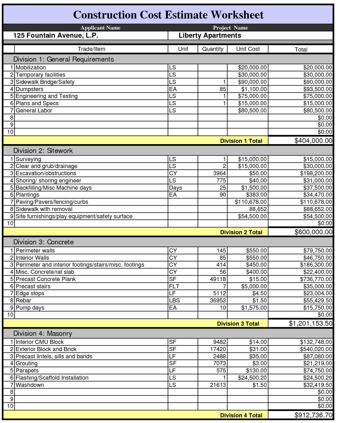 Construction Cost Estimate Worksheet regarding Estimating And Budgeting Worksheet