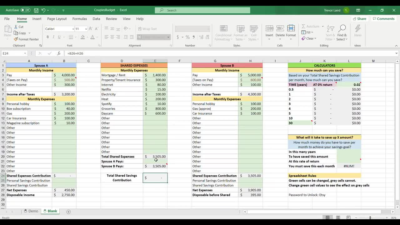 Couples Budget Spreadsheet | Shared And Personal Expense Tracker | Savings Forecast &amp;amp; Formulas | Digital Download intended for Budget Worksheet For Young Couples
