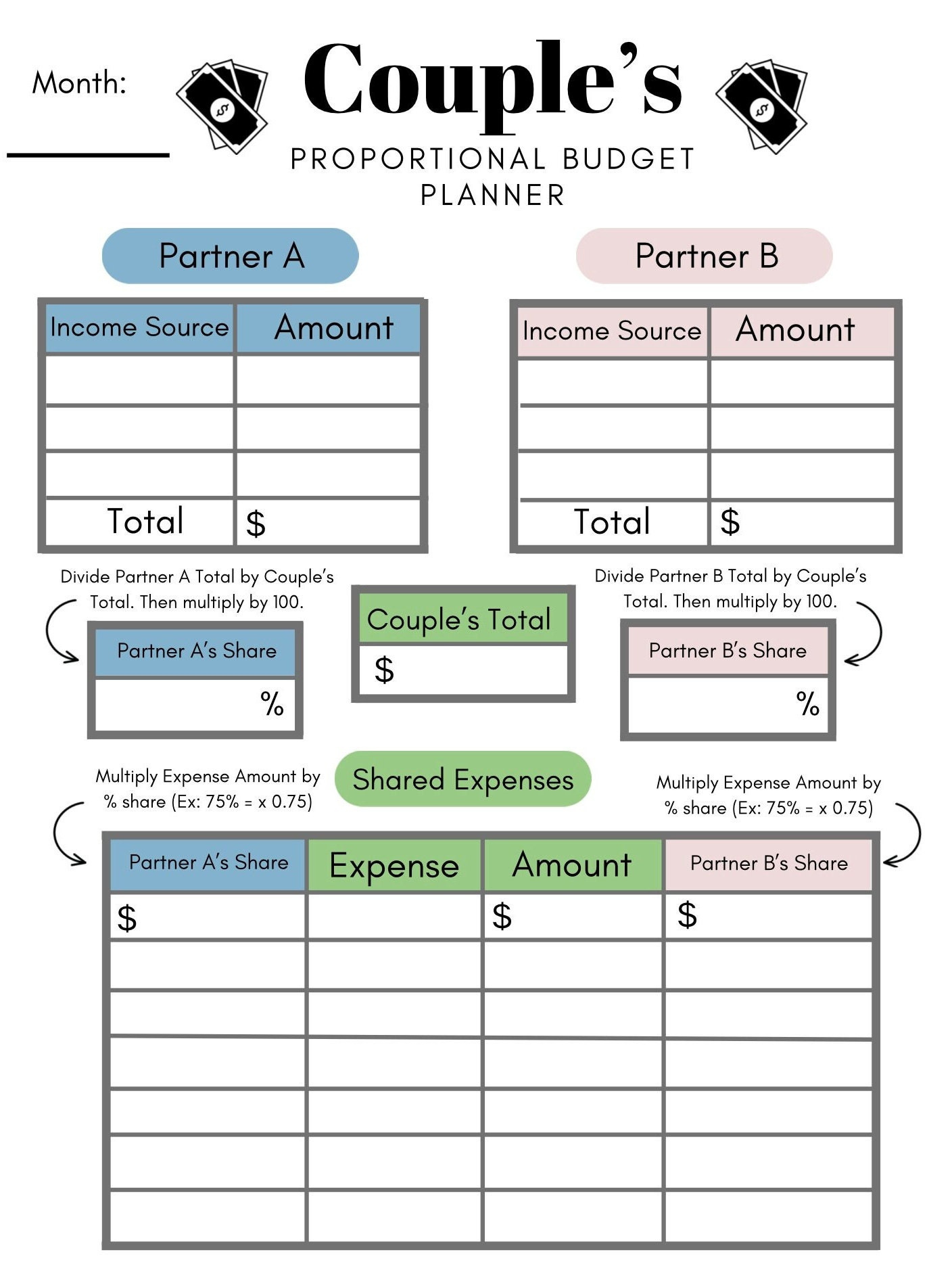 Couple'S Proportional Budget Planner Digital Printable Download for Budget Worksheet For Married Couple