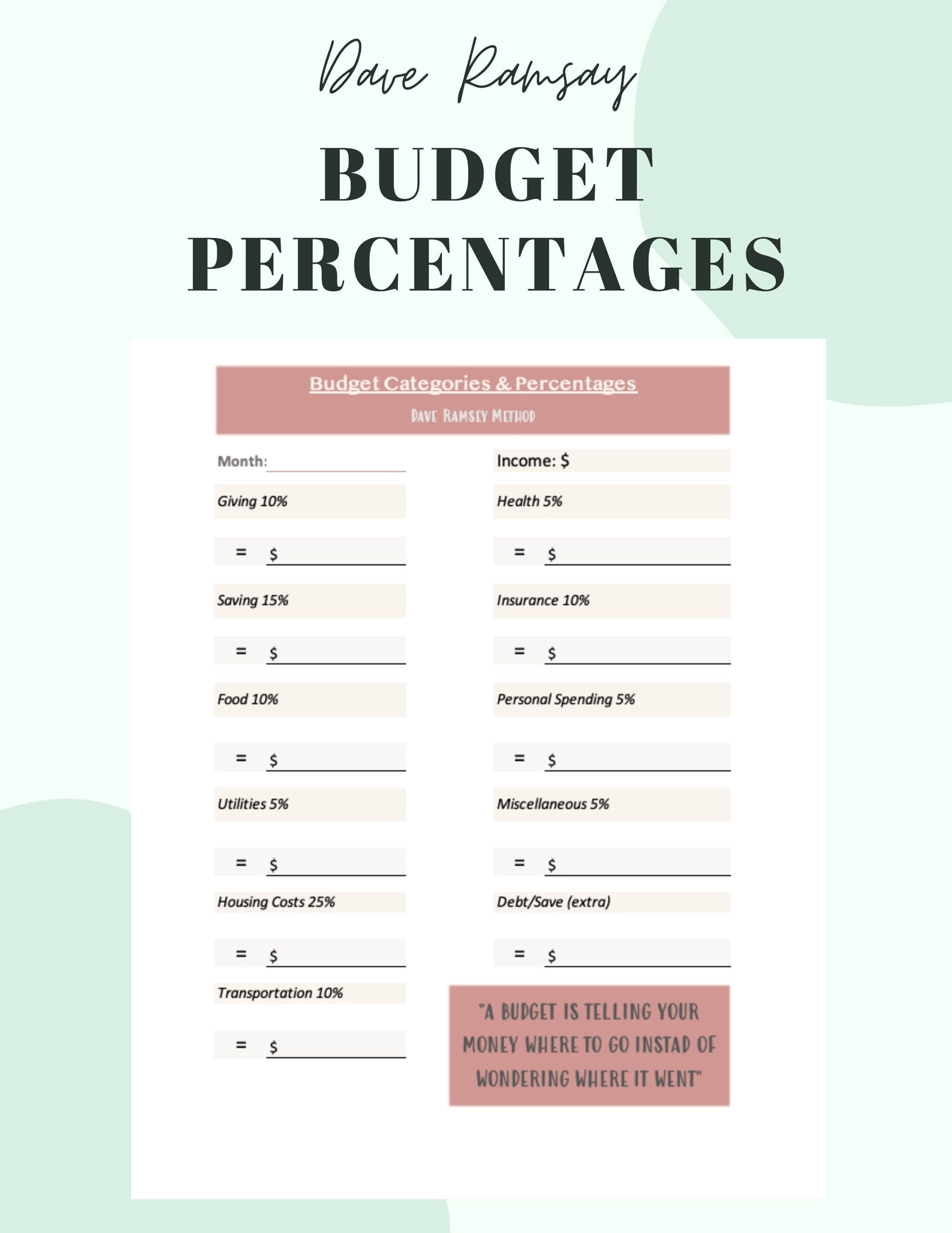 Dave Ramsey Budget Percentages Template-Printable-Pdf Download pertaining to Dave Ramsey Budget Plan Worksheet