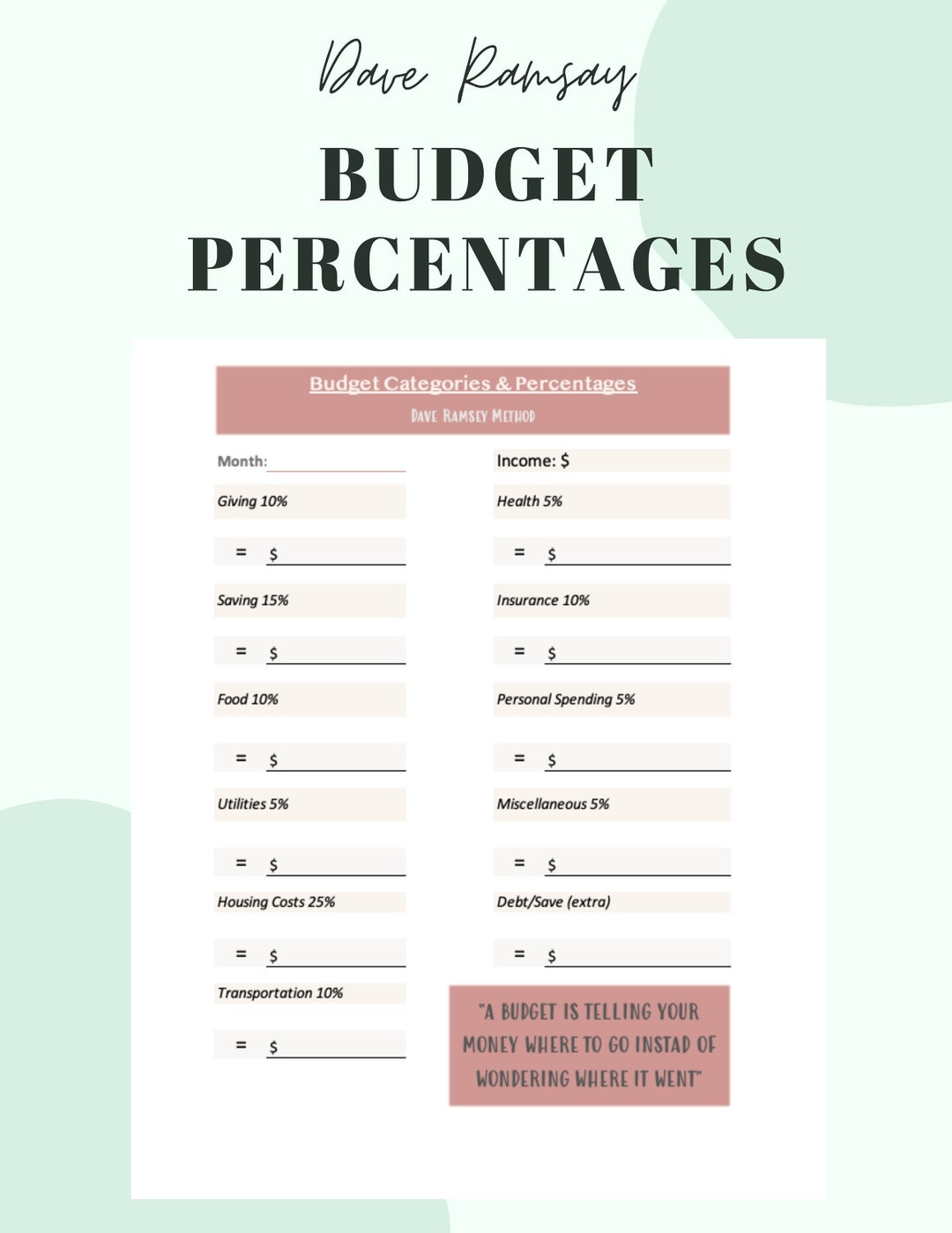 Dave Ramsey Budget Percentages Template-Printable-Pdf Download with regard to Free Printable Budget Worksheet Dave Ramsey