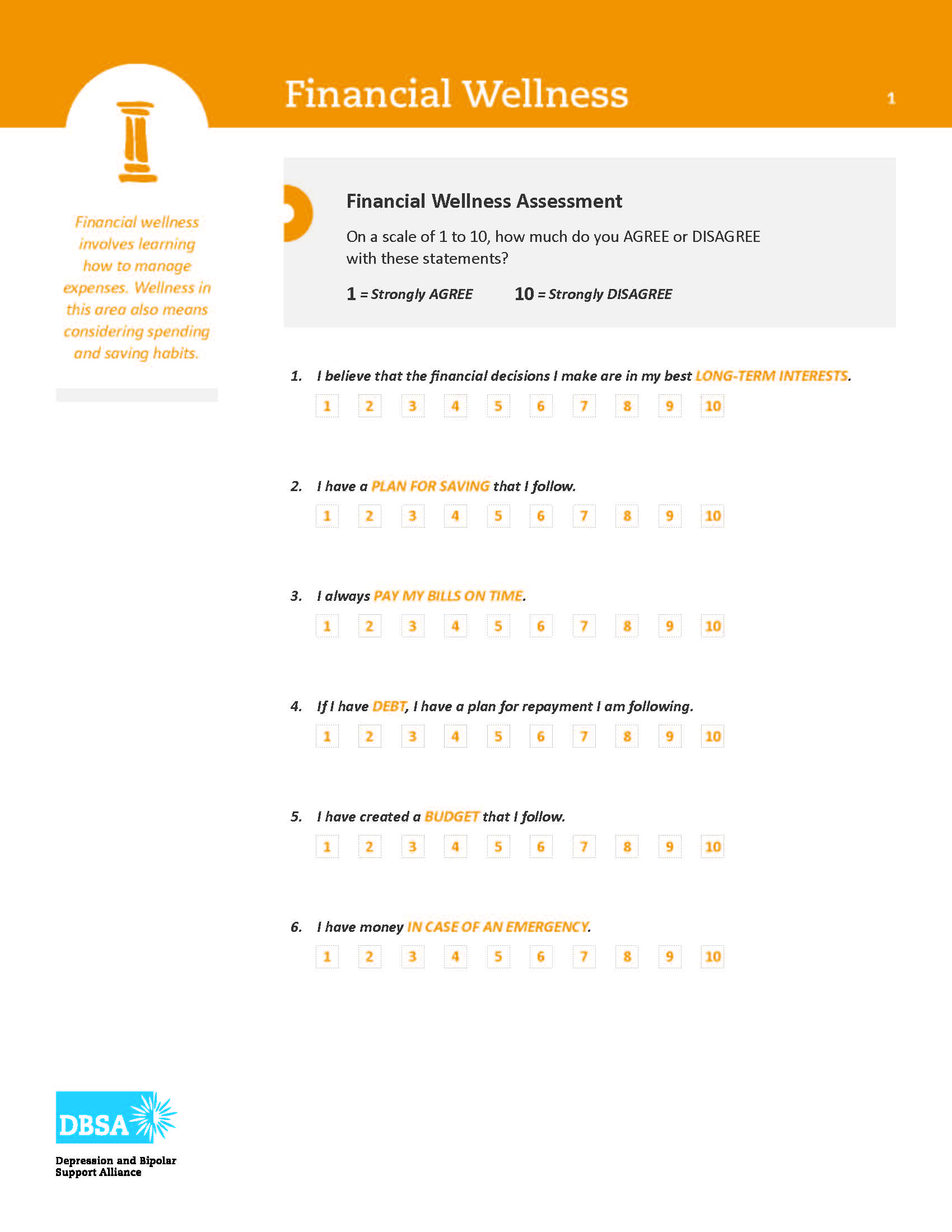 Dbsa Wellness Wheel: Your Financial Wellness - Depression And for Budgeting Worksheets For Adults with Mental Illness
