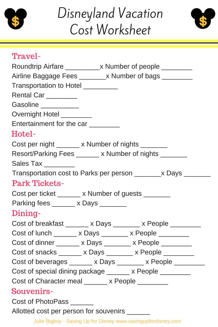 Disneyland Vacation Cost - Free Budget Printable Worksheet pertaining to Disney World Vacation Budget Worksheet