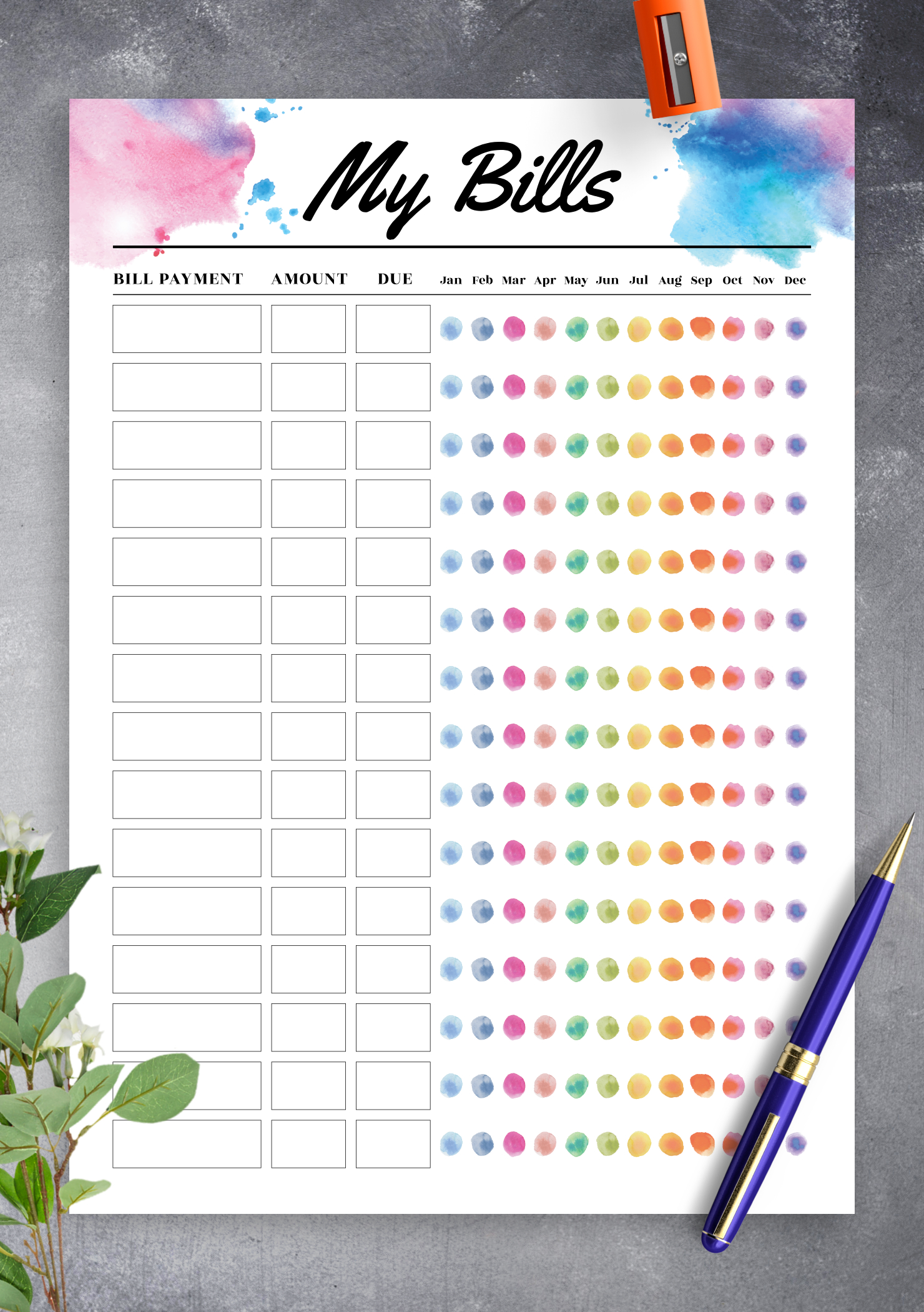 Download Printable Colored Monthly Budget Template Pdf with Monthly Bill Budget Worksheet