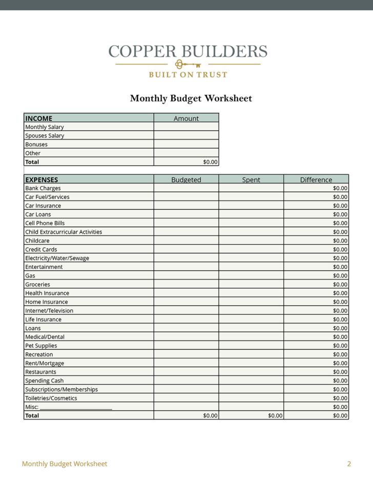 A Monthly Budget Worksheet
