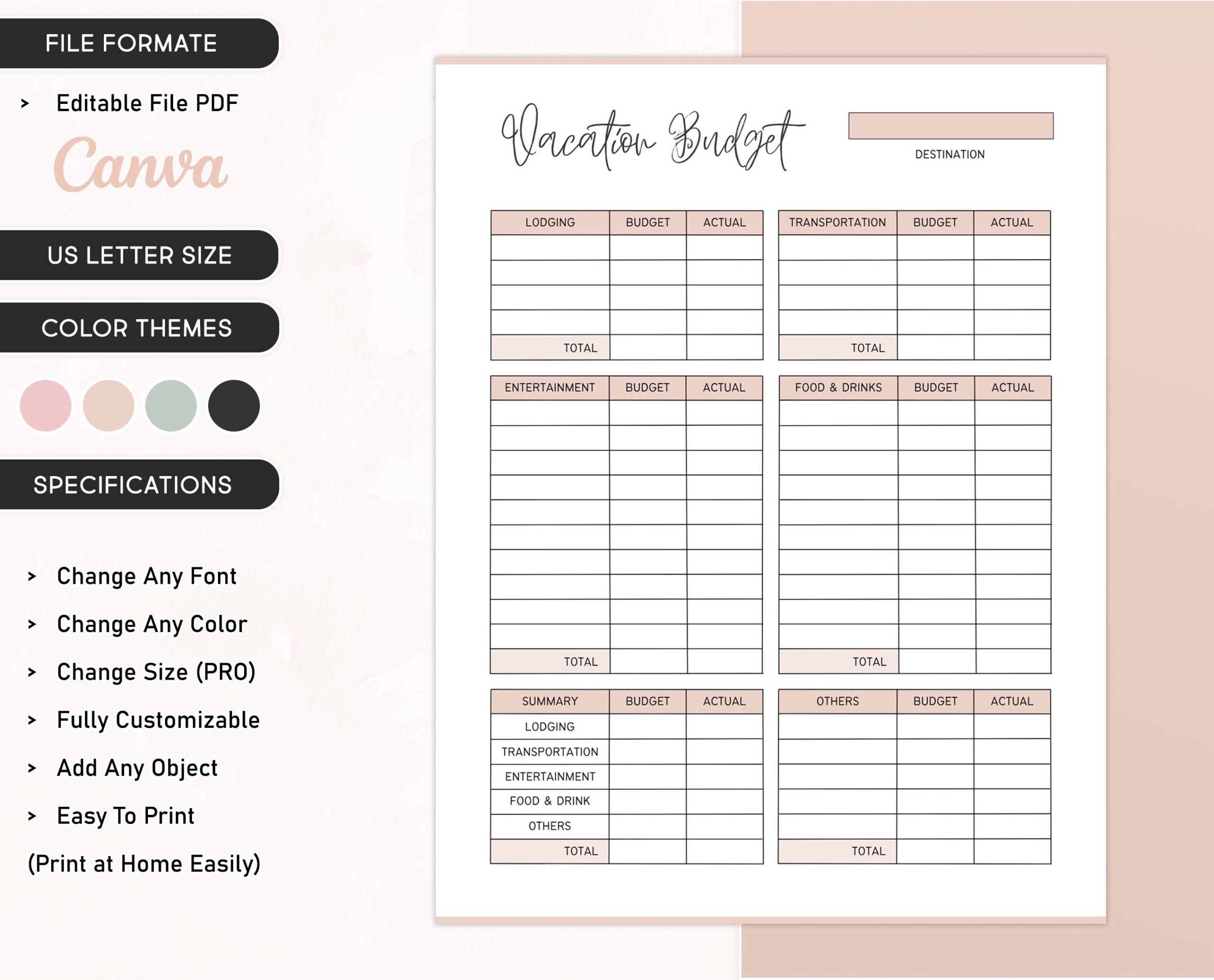 Druckbare Urlaubsbudget-Vorlage, Bearbeitbarer Urlaubsbudgetplaner within Vacation Budget Worksheet
