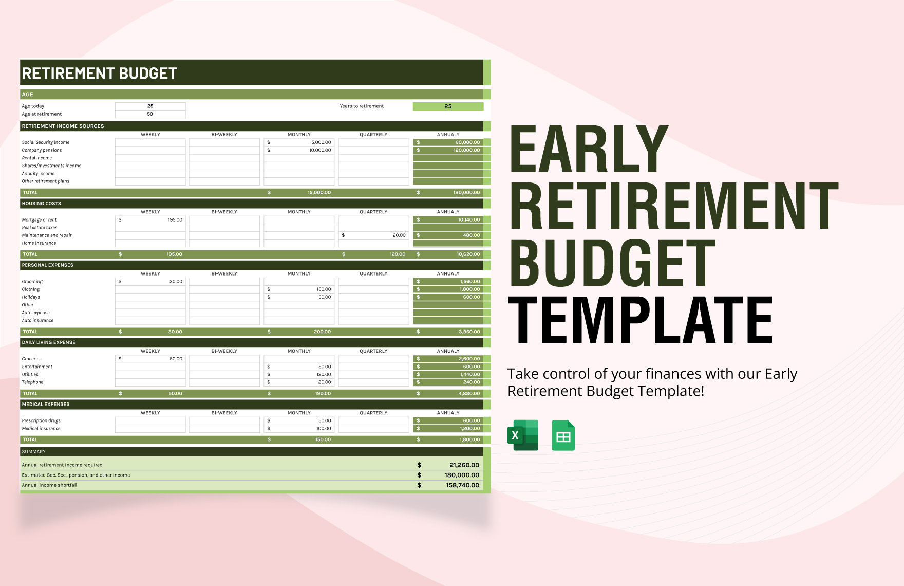 Early Retirement Budget Template In Excel, Google Sheets for Free Printable Retirement Budget Worksheet