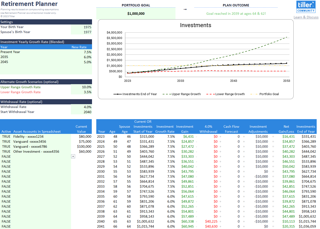 🏆 Retirement Planner Template (Excel) - Excel Templates - Tiller regarding Fidelity Budgeting Worksheet
