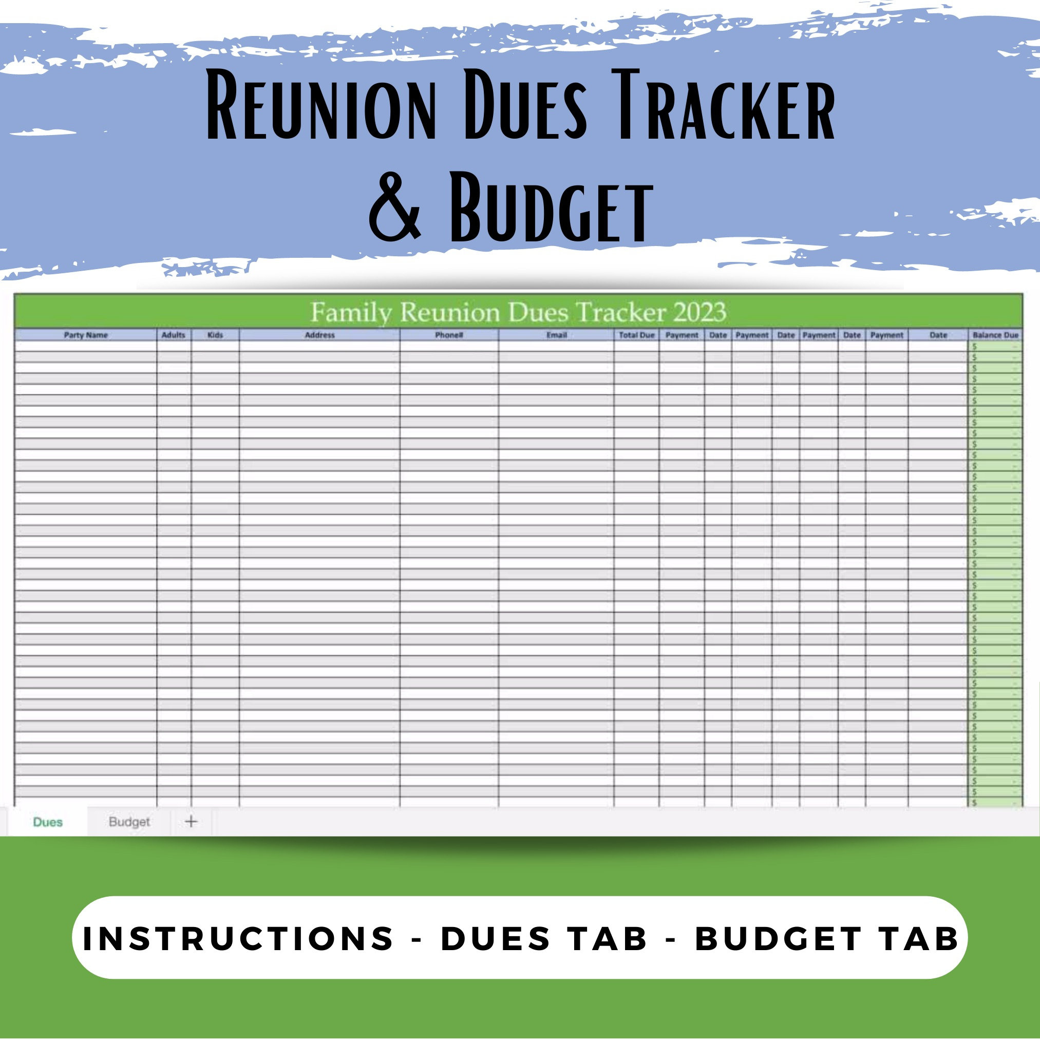 Family Reunion Dues And Budget Tracker|Payment Tracker|Reunion with Family Reunion Budget Worksheet
