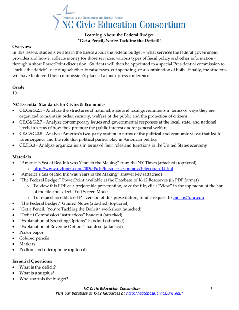 Federal Budget Lesson Plan: Tackling The Deficit with Federal Budget Approval Simulation Worksheet Answers Key
