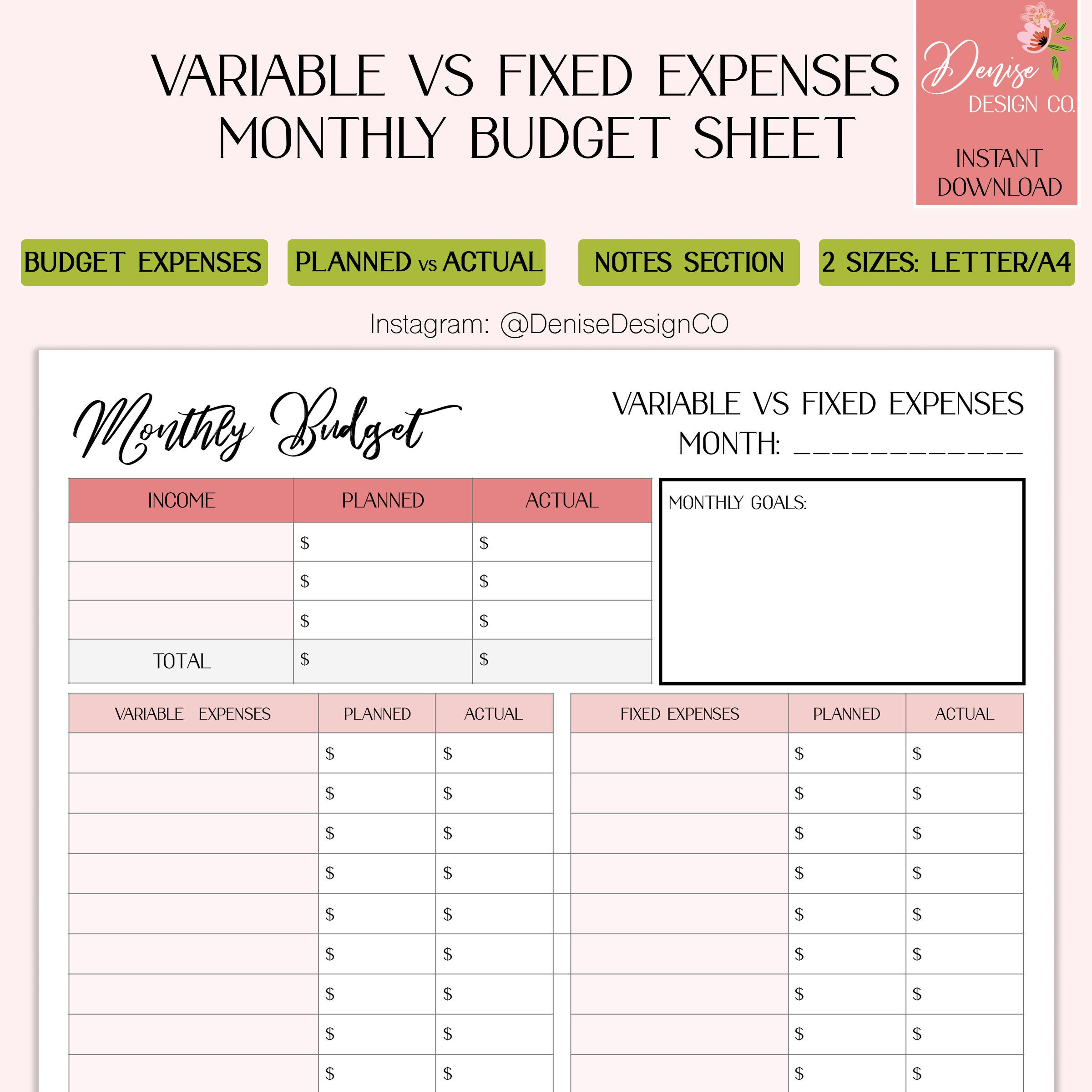 Fixed Expenses - Etsy for Budget Fixed and Variable Expenses Worksheet Answers