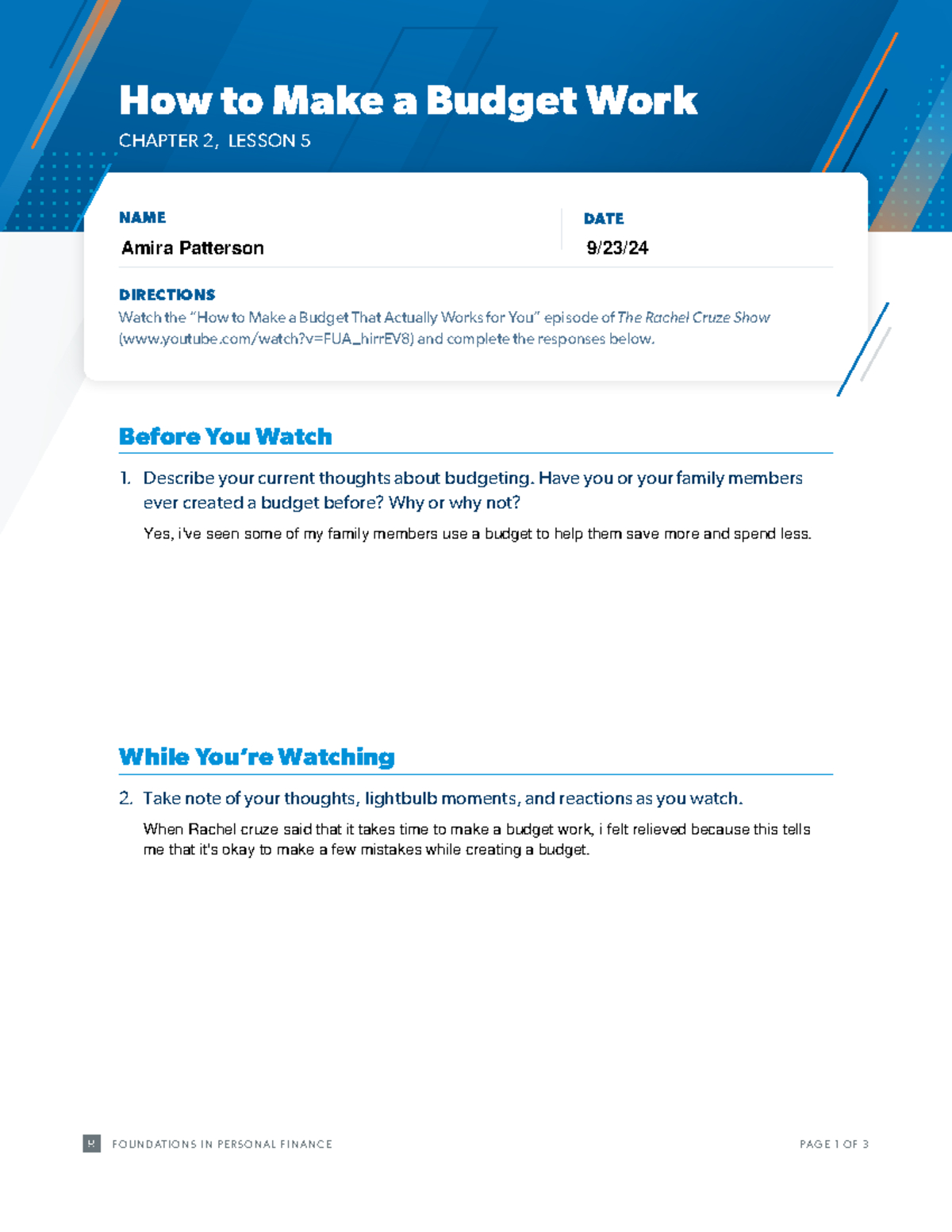 Foundations In Personal Finance: Budgeting Insights - Lesson 5 with Chapter 9 Financial Planning Budget Basics Worksheet Answers
