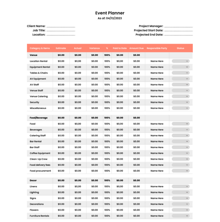 Event Planning Budget Worksheet Template