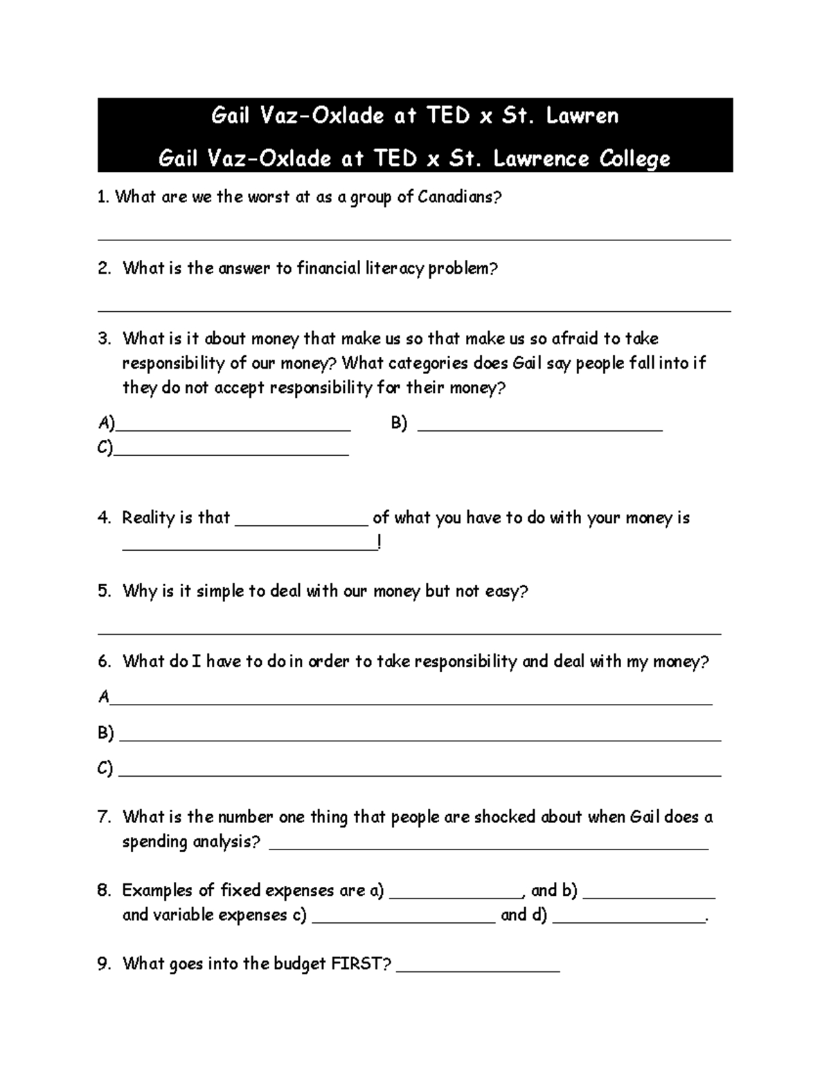 Gail Vaz Ted Talk Worksheet Answers - Gail Vaz-Oxlade At Ted X St intended for Gail Von Oxlade Budget Worksheet