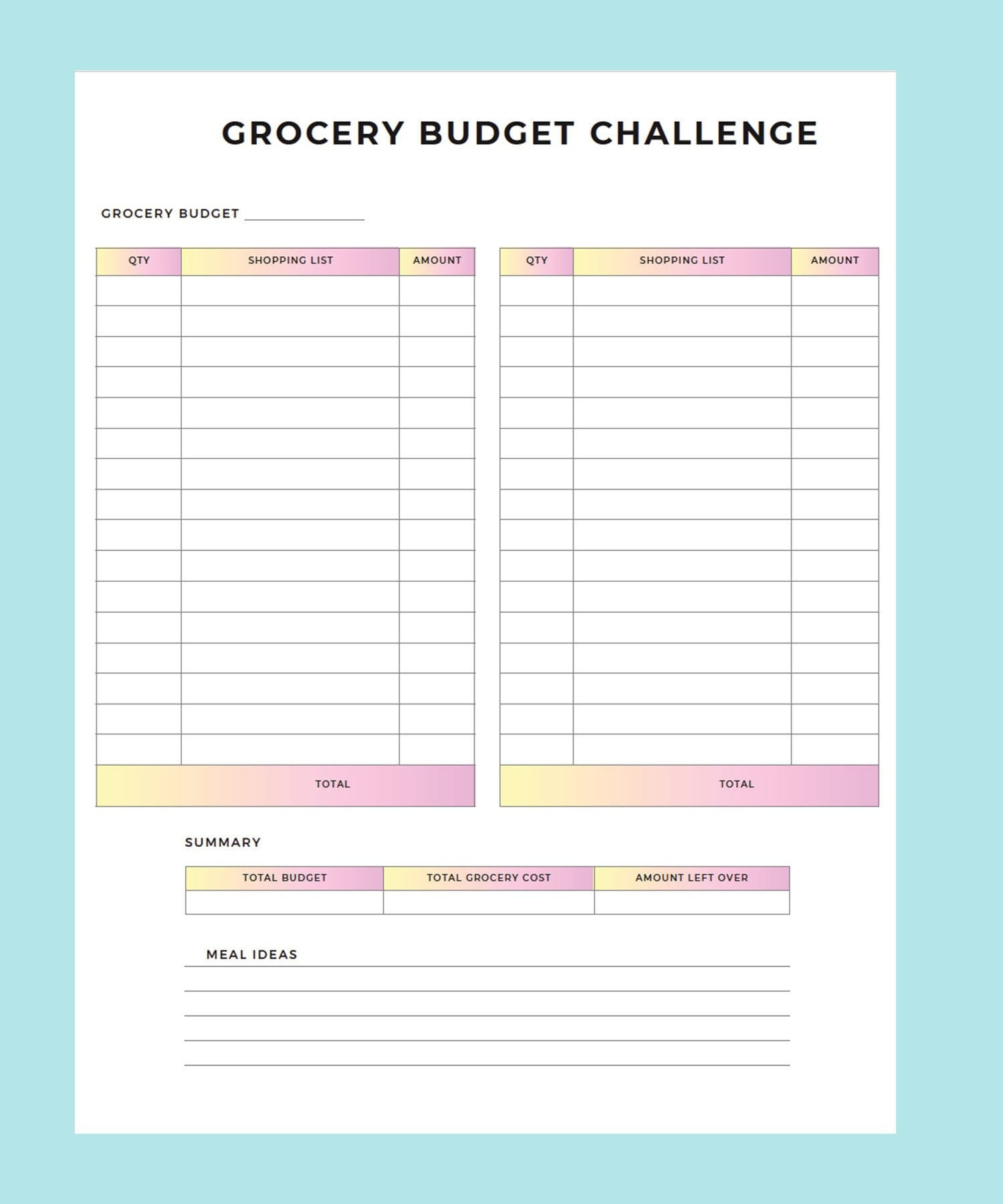 Grocery Budget Challenge, Grocery List Printable Template, Grocery within Printable Grocery Budget Worksheet