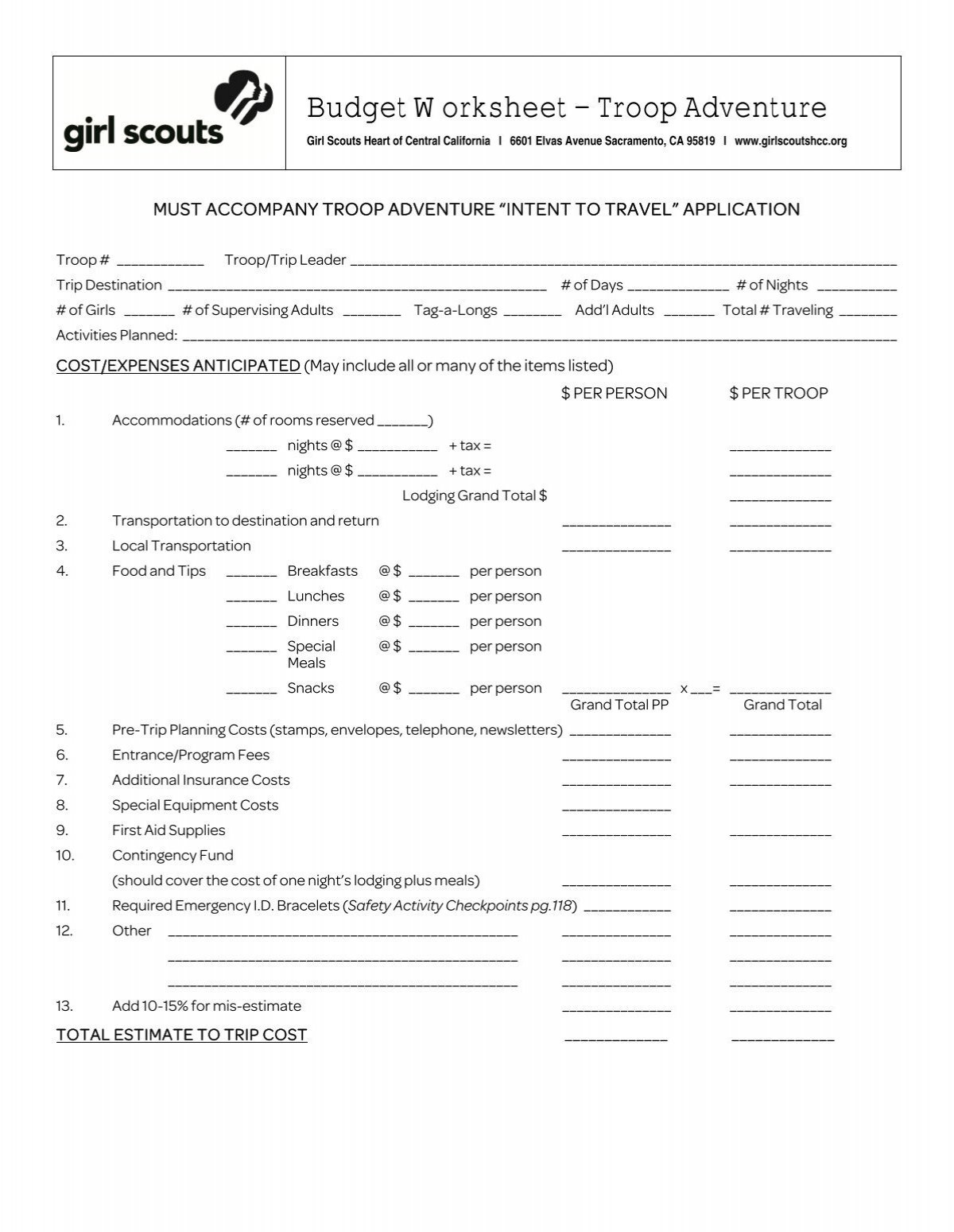 Initial Budget Worksheet 895 - Girl Scouts Heart Of Central California with Girl Scout Budget Worksheet
