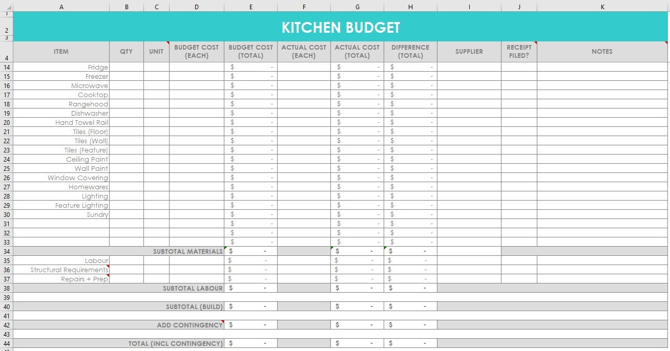 Küche Renovation Budget Kalkulationstabelle Organizer Wunschliste inside Kitchen Remodel Budget Worksheet