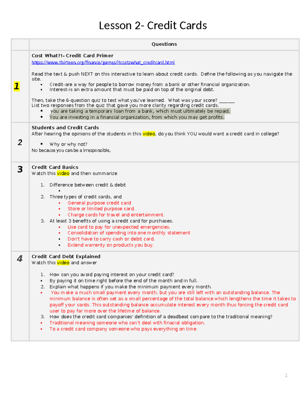 Lesson 2: Credit Cards - Student Activity Guide With Key Insights throughout Budgeting For Your Credit Card Payments Worksheet Answers