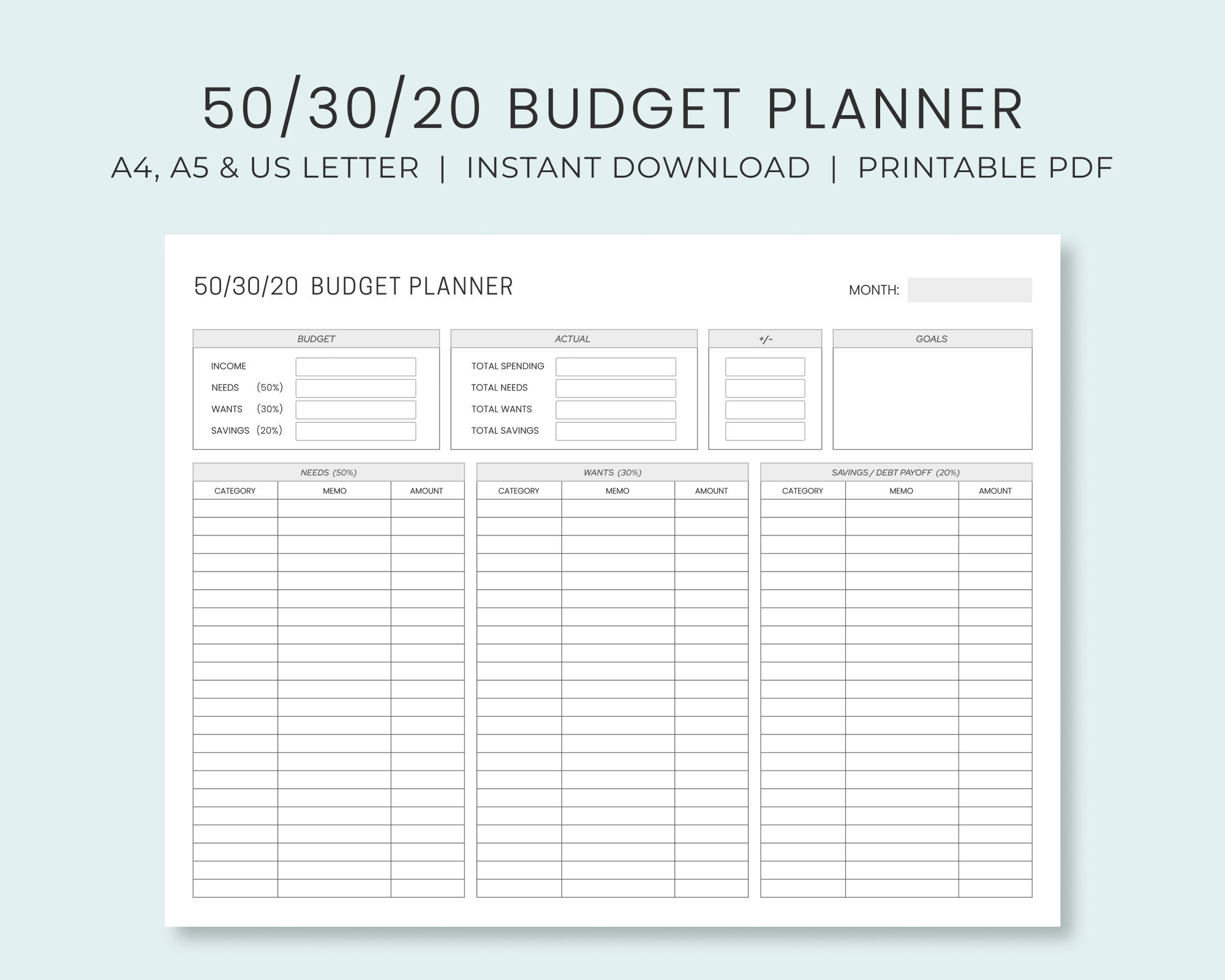 Monatlicher Haushaltsplaner 50/30/20 Regel | Einnahmen &amp;amp; Ausgaben throughout 50/20/30 Budget Worksheet