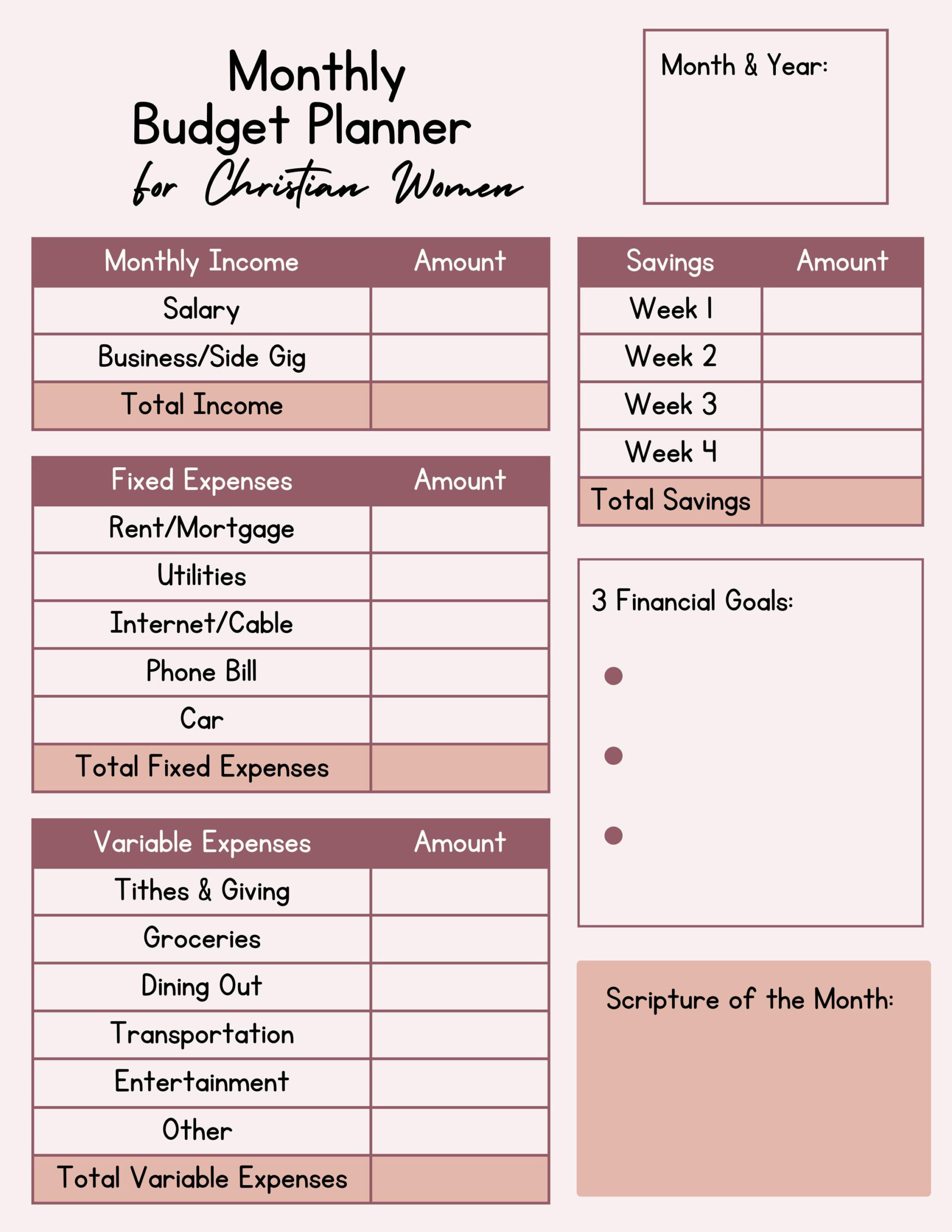 Monthly Budget Planner For Christian Women - Etsy for Christian Financial Budget Worksheet