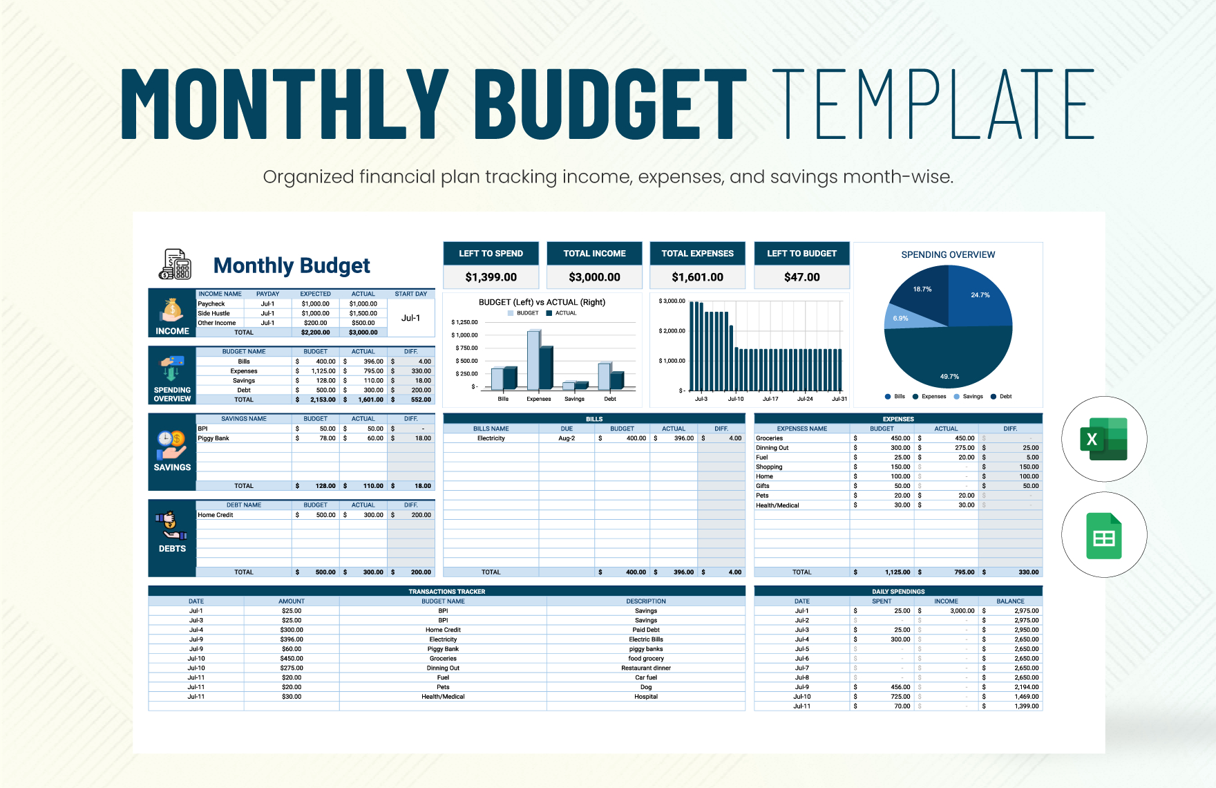 Monthly Budget Templates In Excel, Google Sheets - Download within Excel Budget Worksheet Download