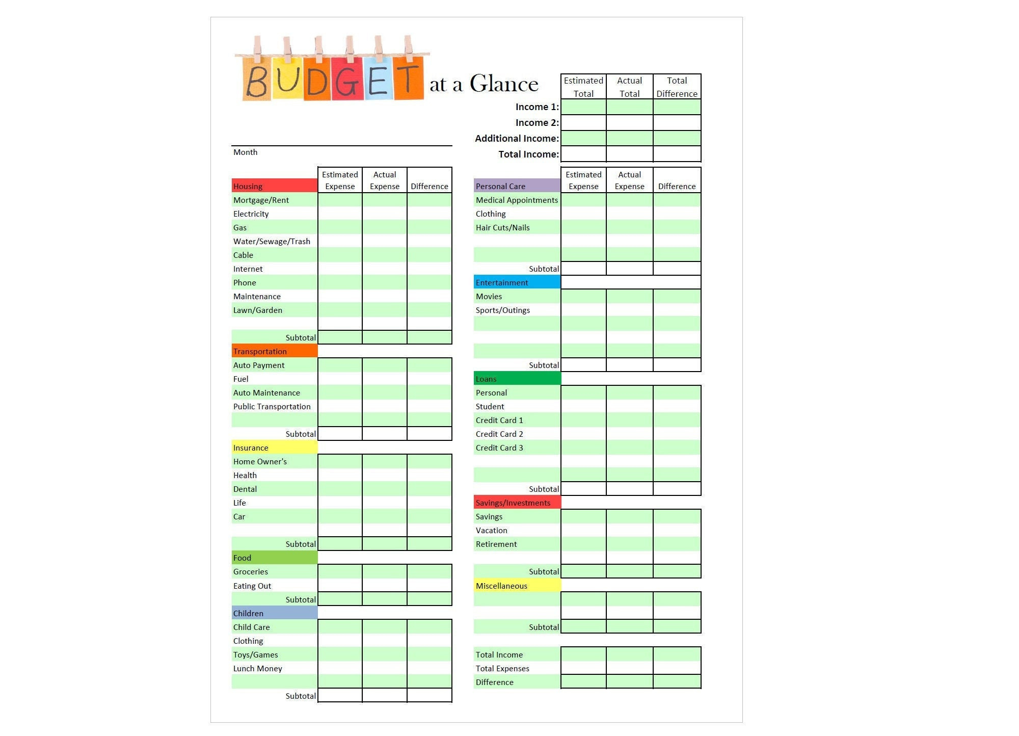Monthly Budget Worksheet: Colorful Family Finance Tracker (Digital regarding 1.04 Why Budget Budget Worksheet