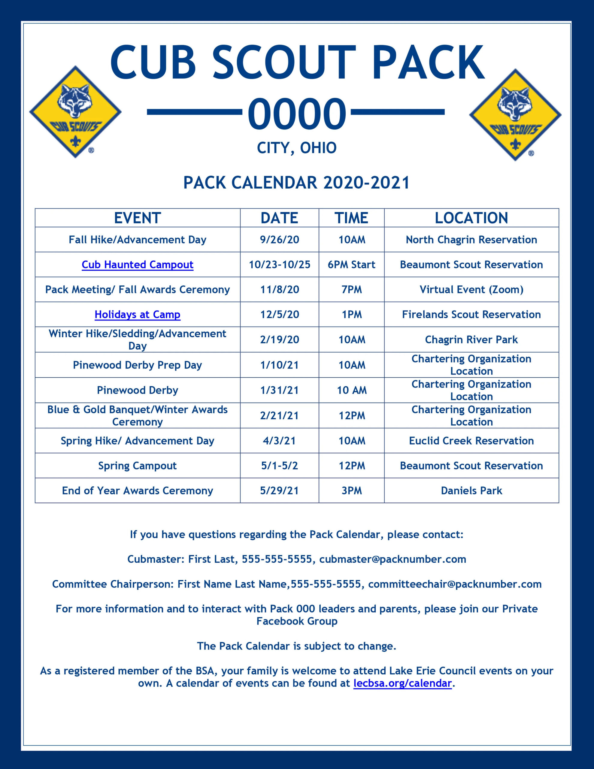 Pack Committee Resources — Lake Erie Council with regard to Cub Scout Pack Budget Worksheet
