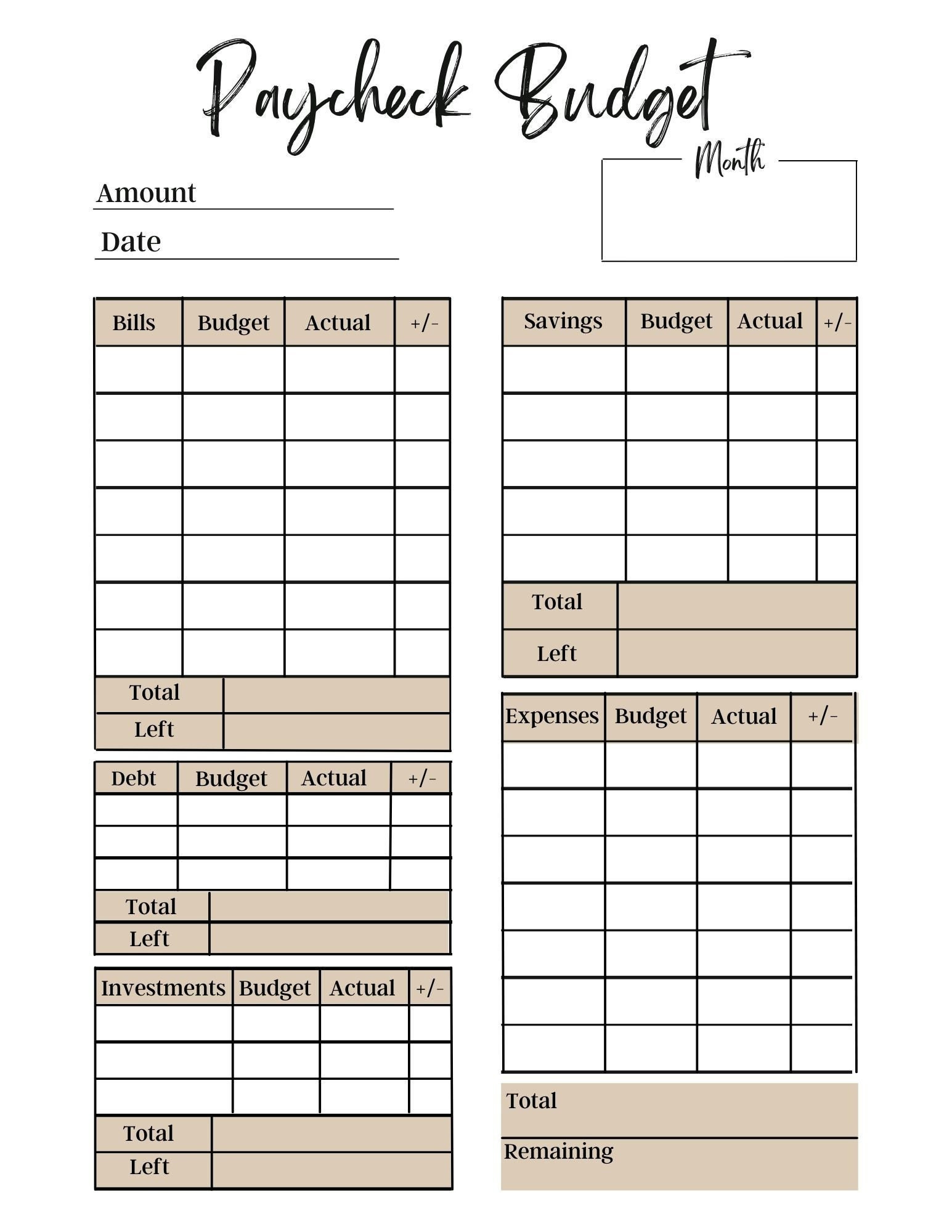 Paycheck Budget Overview Template, Paycheck Budget Printable with Weekly Paycheck Budget Worksheet
