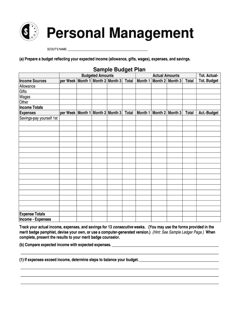 Personal Management Merit Badge Worksheet: Fill Out &amp;amp; Sign Online for 13 Week Budget Worksheet