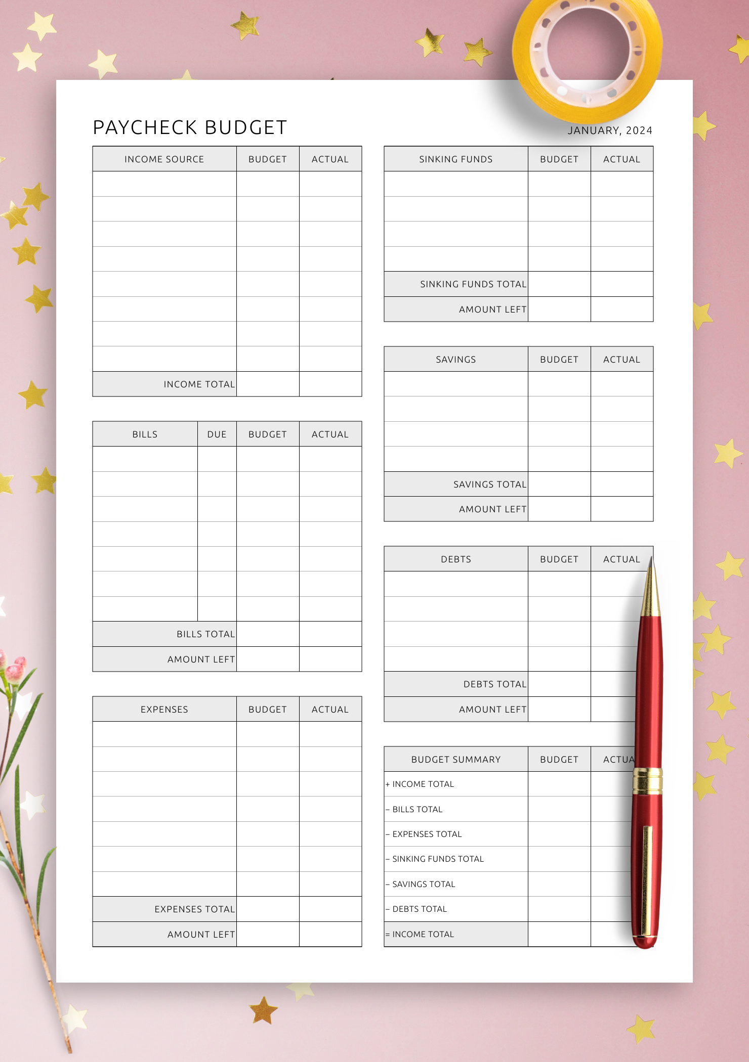 Printable And Digital Paycheck Budget Template - Download Pdf For for Paycheck Budget Worksheet Printable