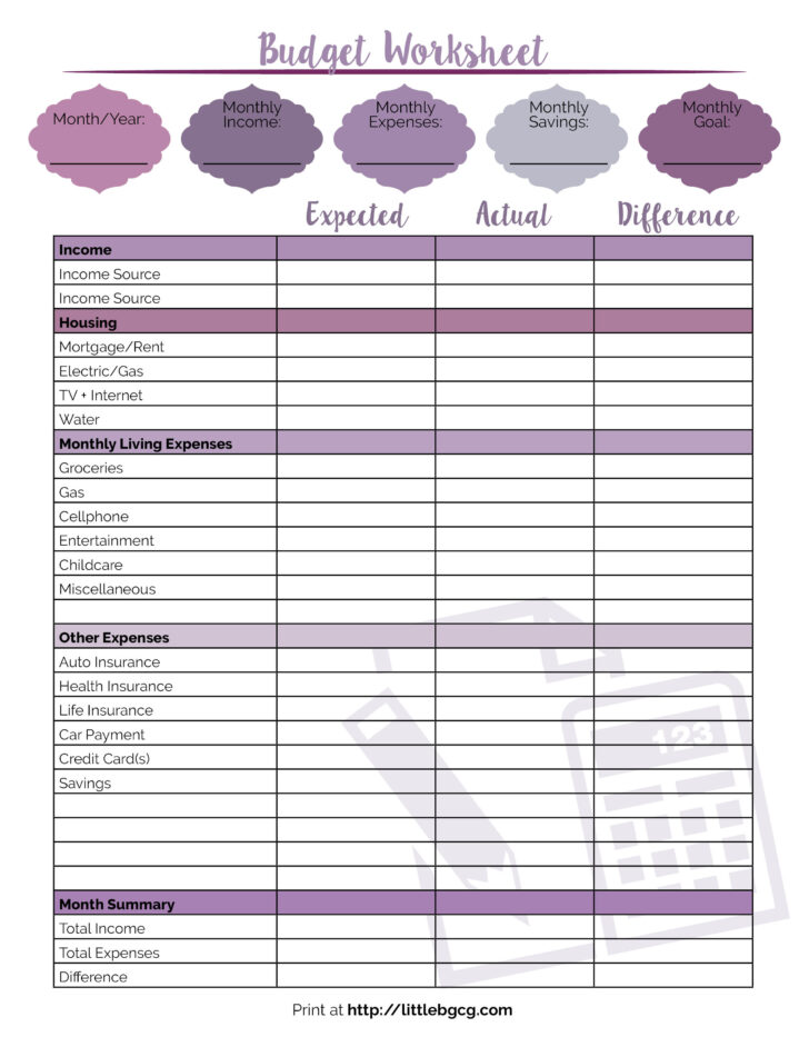 Young Adult Budget Worksheet