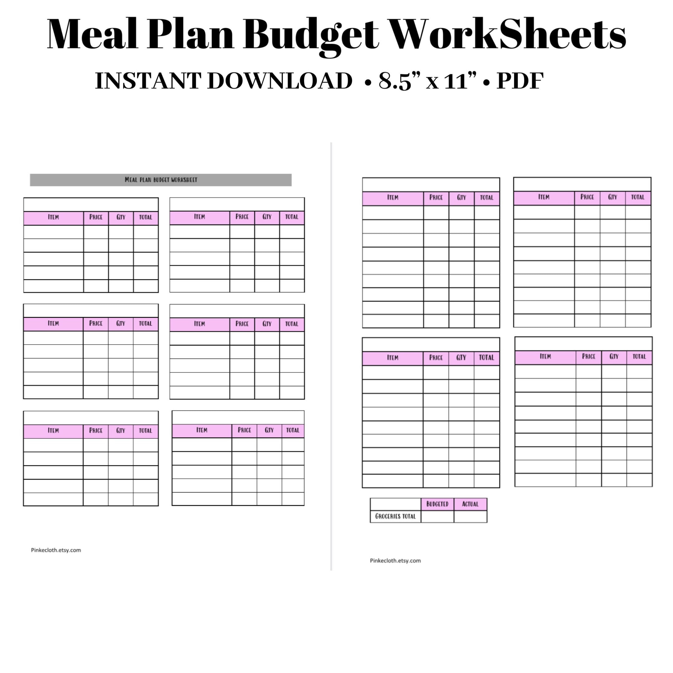 Printable Meal Plan Budget Worksheet | Meal Planner Pdf | Budget with Meal Planning Budget Worksheet