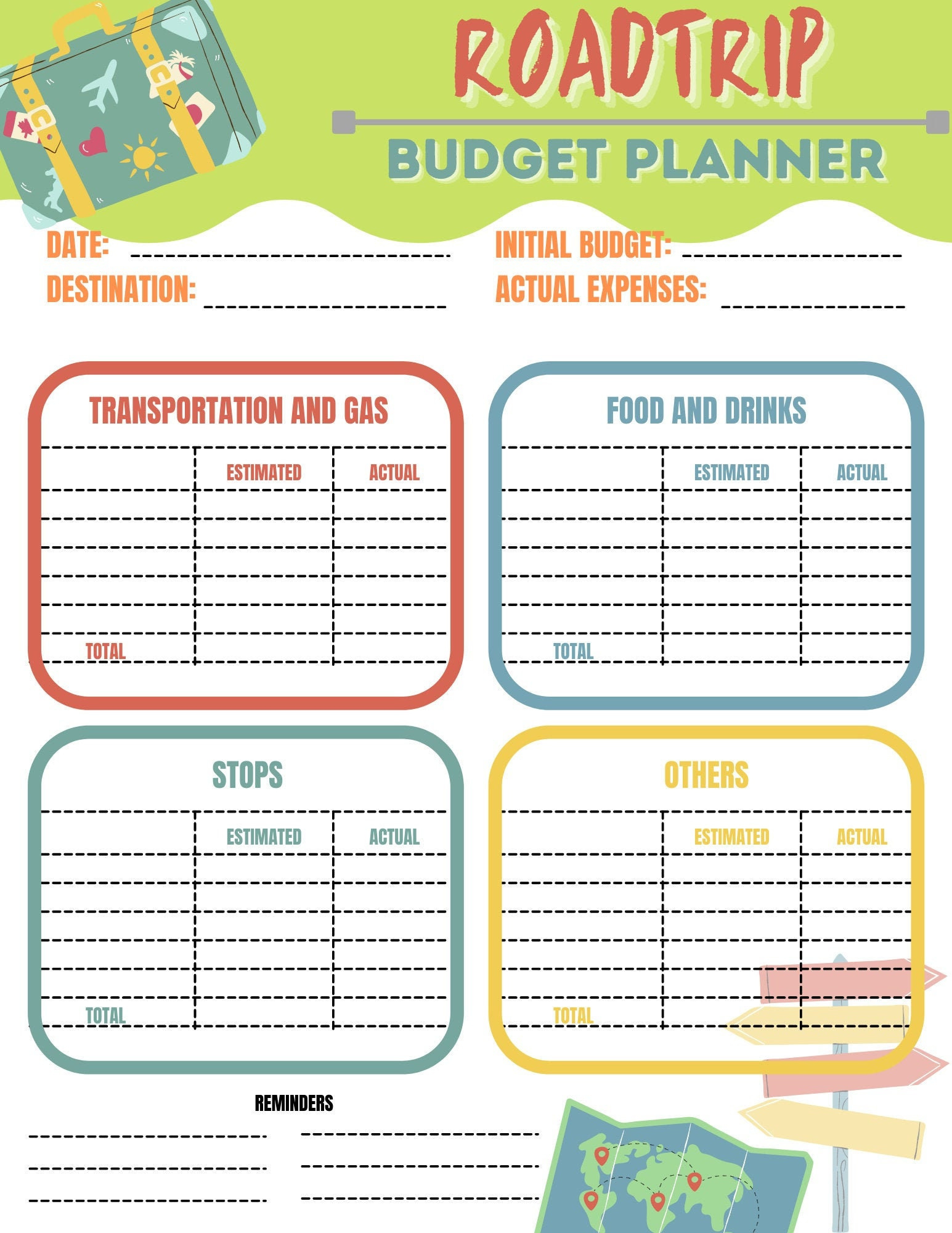 Printable Road Trip Budget Planner - Color &amp;amp; Black/White Versions for Road Trip Budget Worksheet