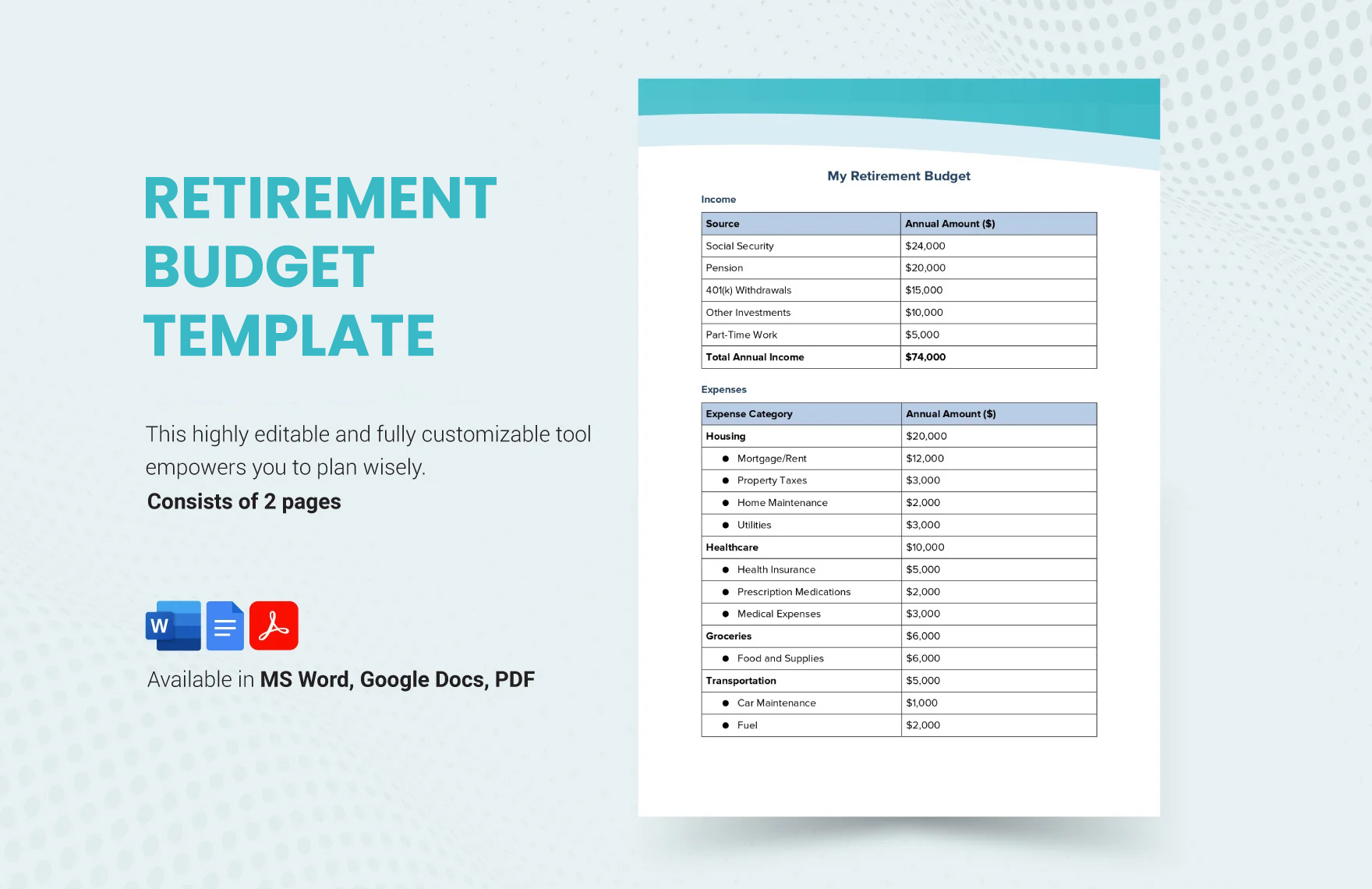 Retirement Budget Template In Word, Pdf, Google Docs - Download with regard to Printable Template Free Retirement Budget Worksheet