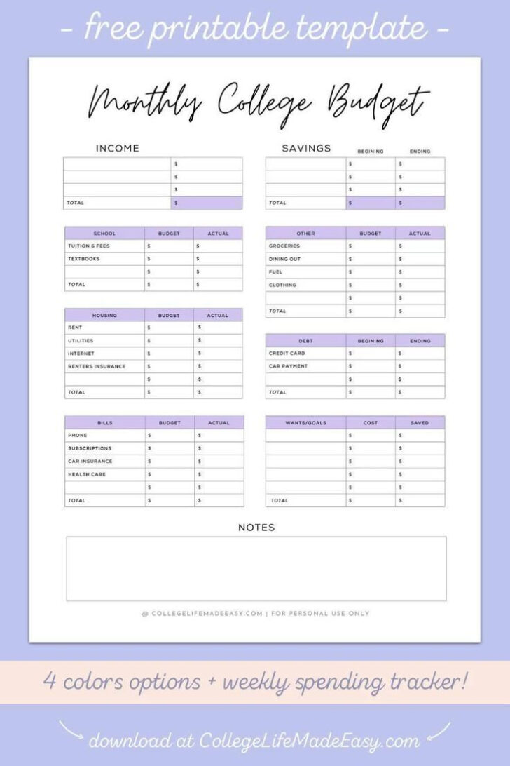 Budget Worksheet For College Students