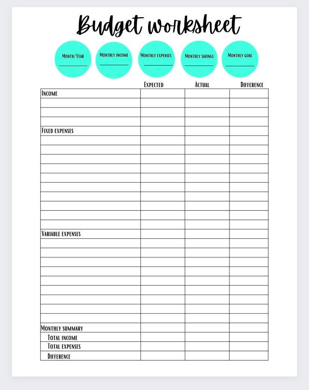 Simple Budget Worksheet - Etsy throughout Budget Worksheet For Beginners