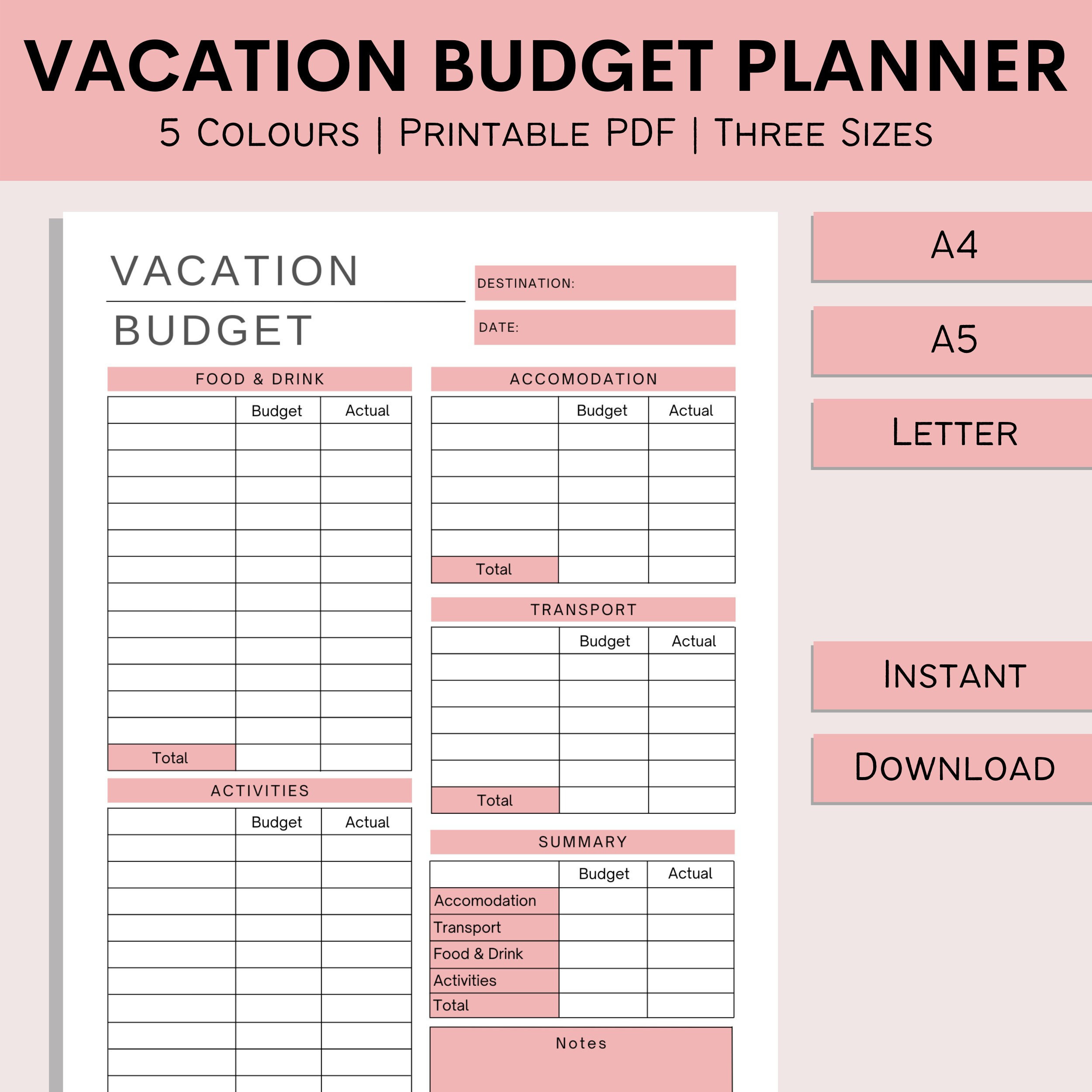 Vacation Budget Planner | Printable Holiday Spreadsheet | Budget with Vacation Planning Budget Worksheet