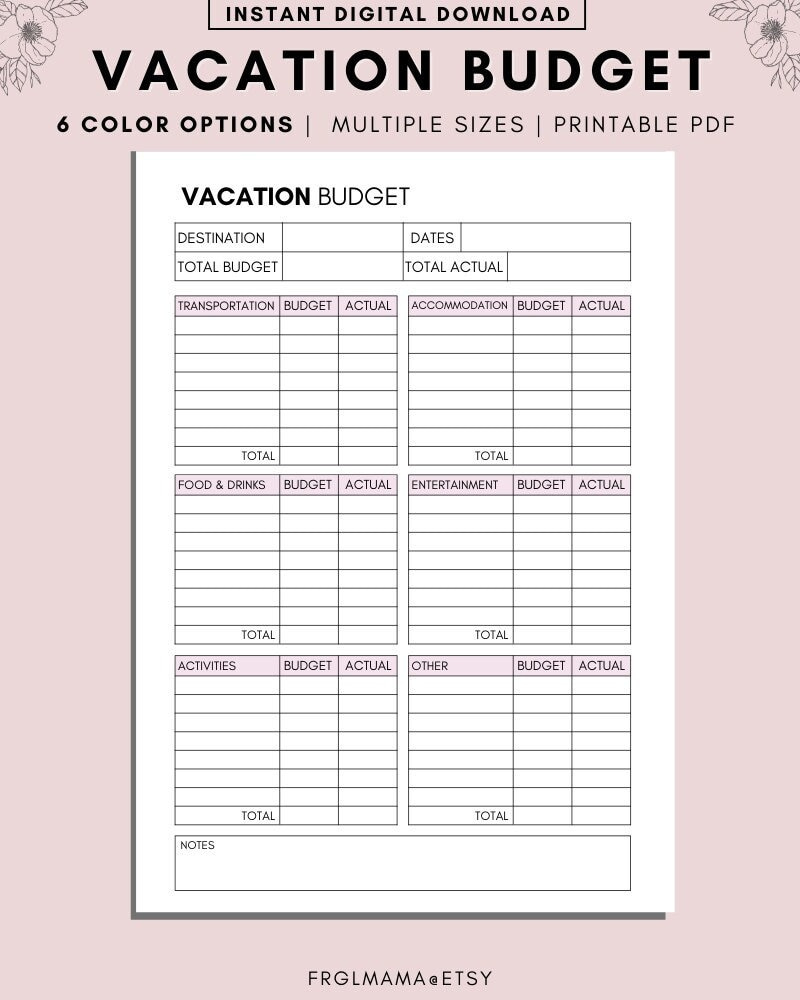 Vacation Budget Printable, Holiday Budget Planner Printable with regard to Vacation Budget Worksheet Printable