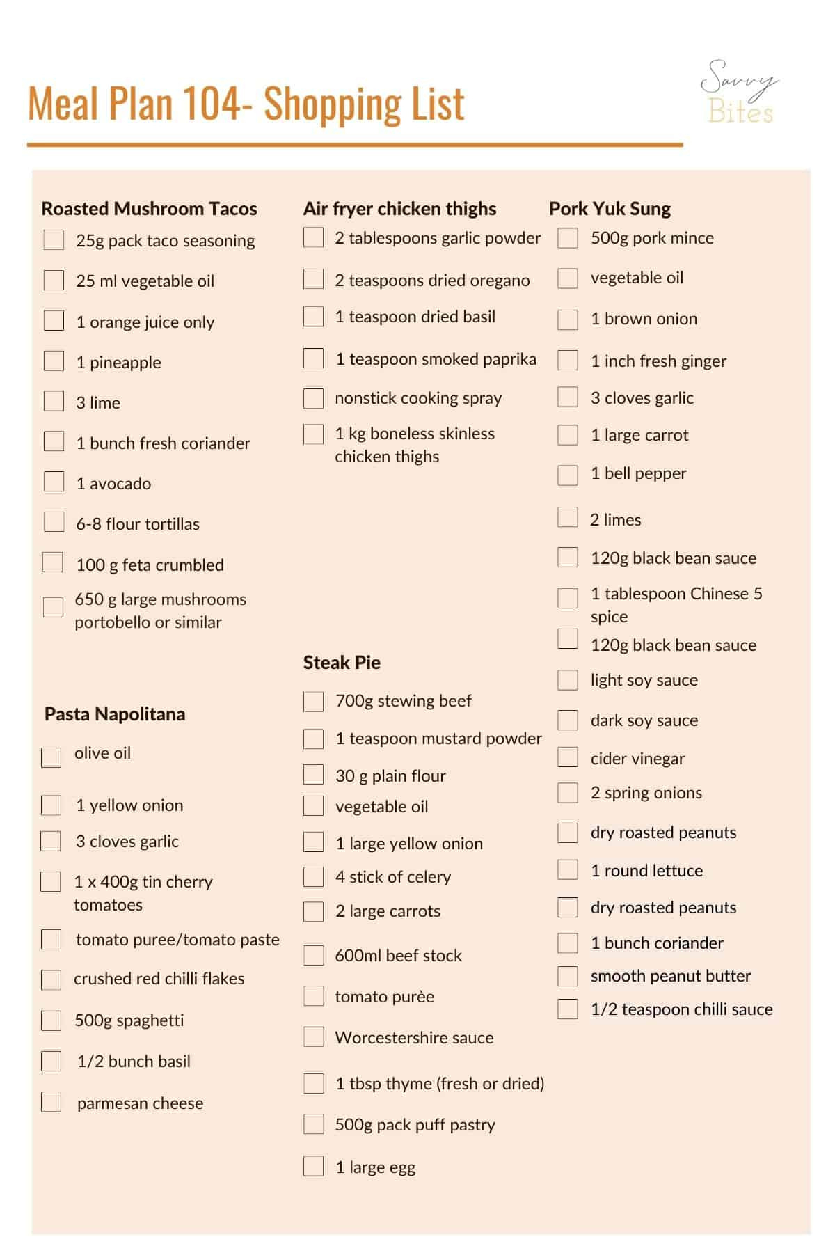 Weekly Budget Family Meal Plan 104- Easy Recipes - Savvy Bites regarding Dinner Preparation On A Budget Worksheet Answer Key