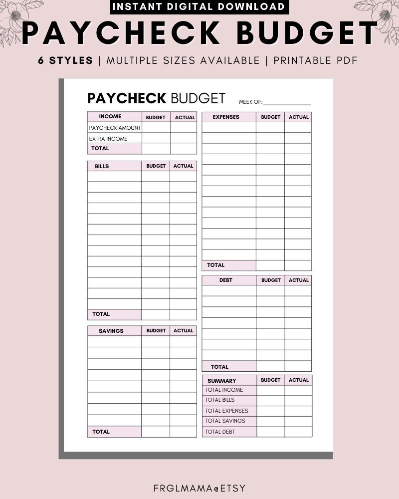 Weekly Budget Overview Template Printable, Paycheck Budget with Budgeting Worksheets Uk
