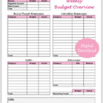Weekly Budget Overview Template Printable (Pink)   Etsy Regarding Blank Weekly Budget Worksheet Printable