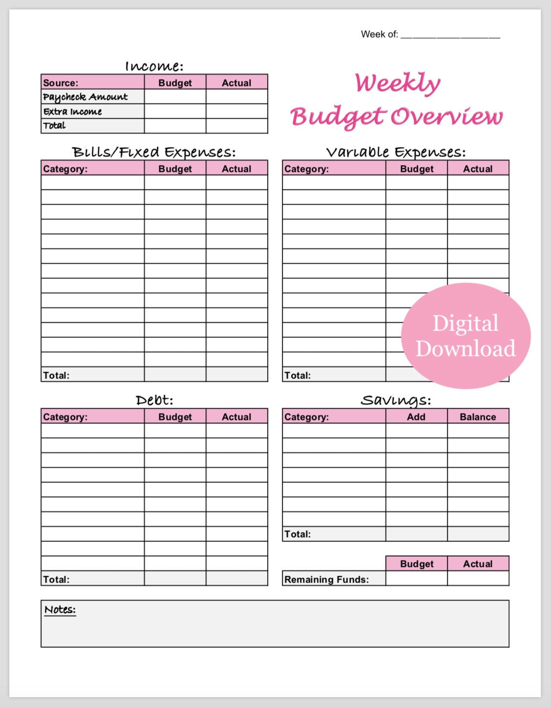 Weekly Budget Overview Template Printable (Pink) - Etsy regarding Blank Weekly Budget Worksheet Printable